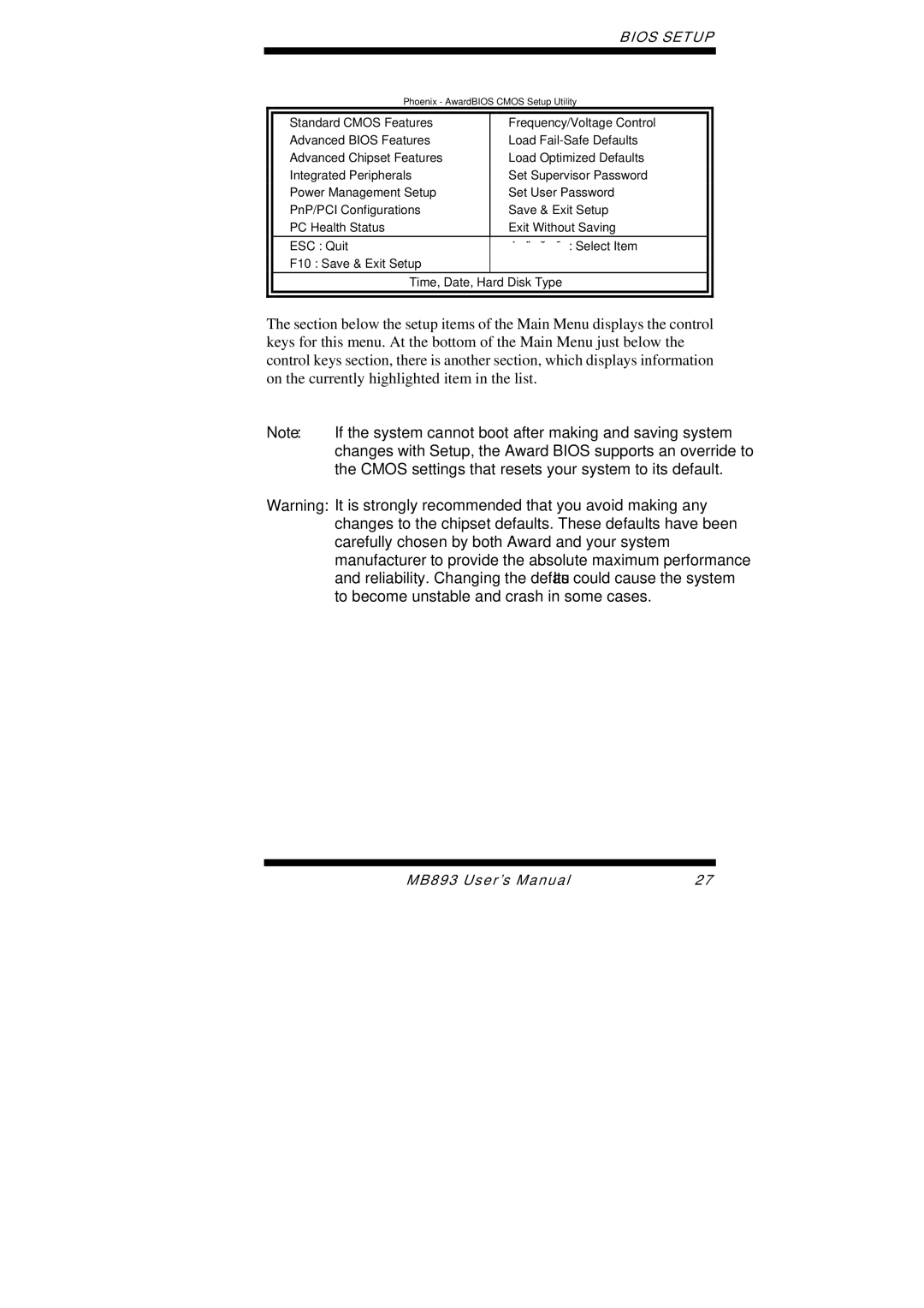 Intel MB893 user manual Phoenix AwardBIOS Cmos Setup Utility 