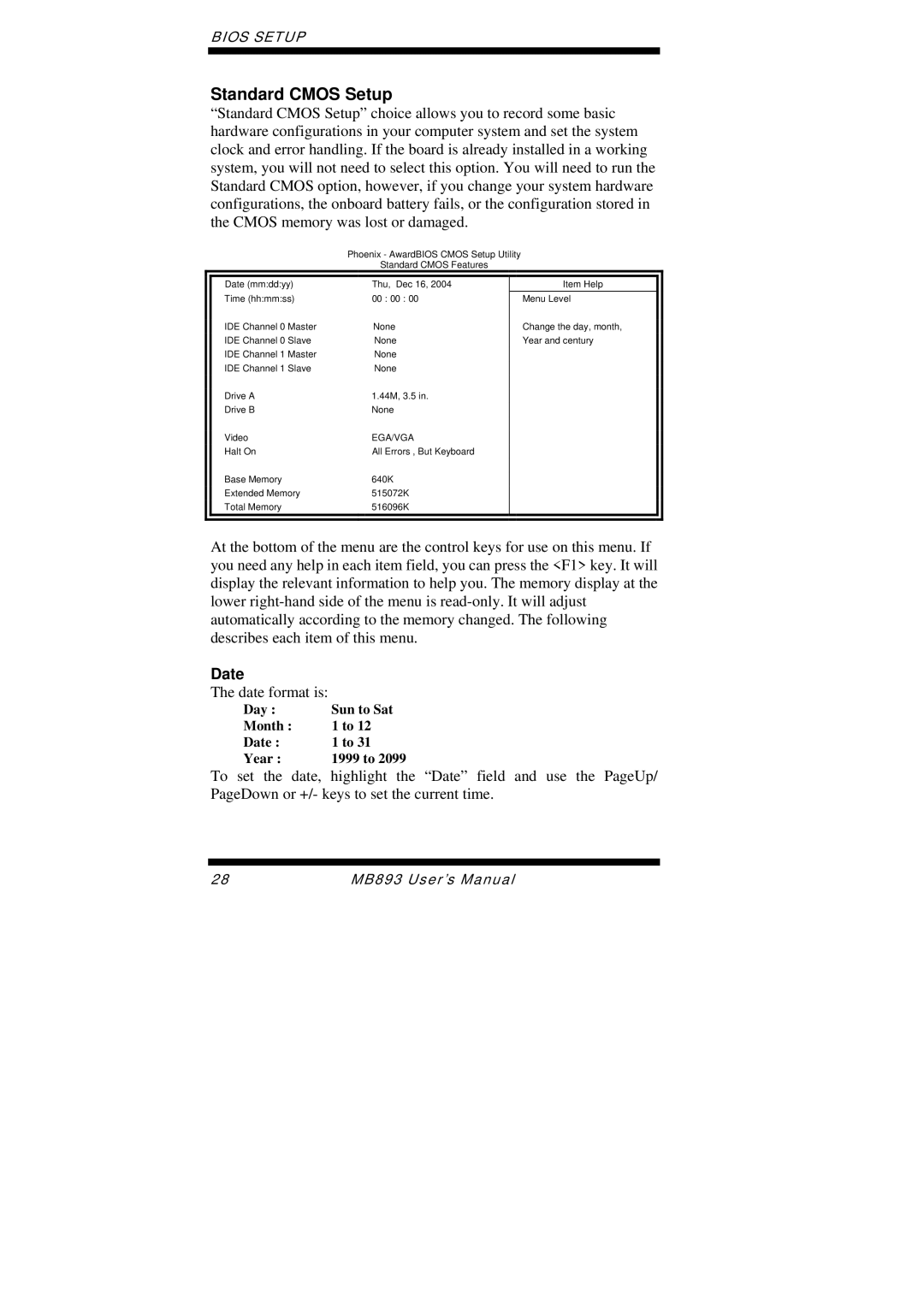 Intel MB893 user manual Standard Cmos Setup, Date 