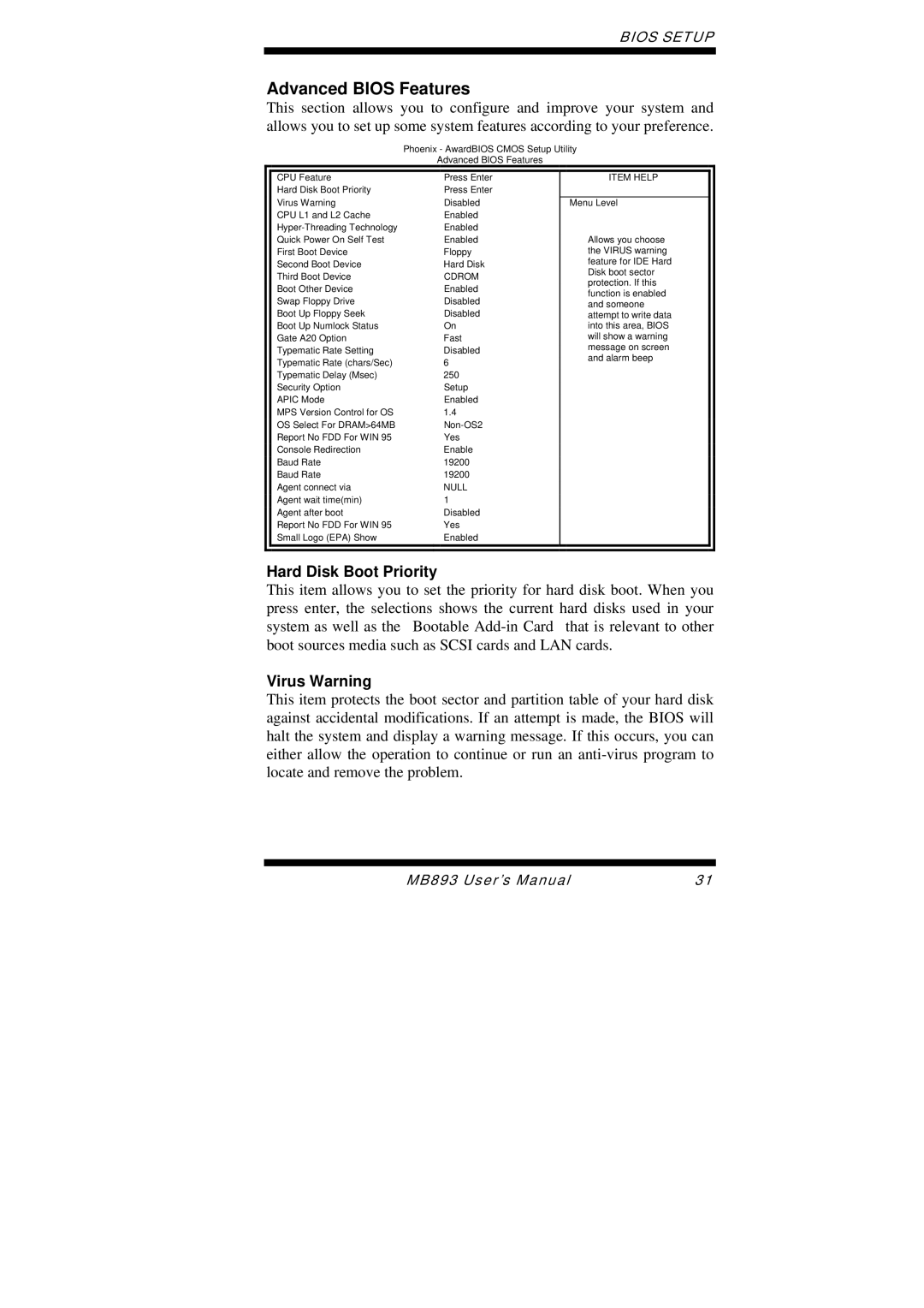 Intel MB893 user manual Advanced Bios Features, Hard Disk Boot Priority, Virus Warning 