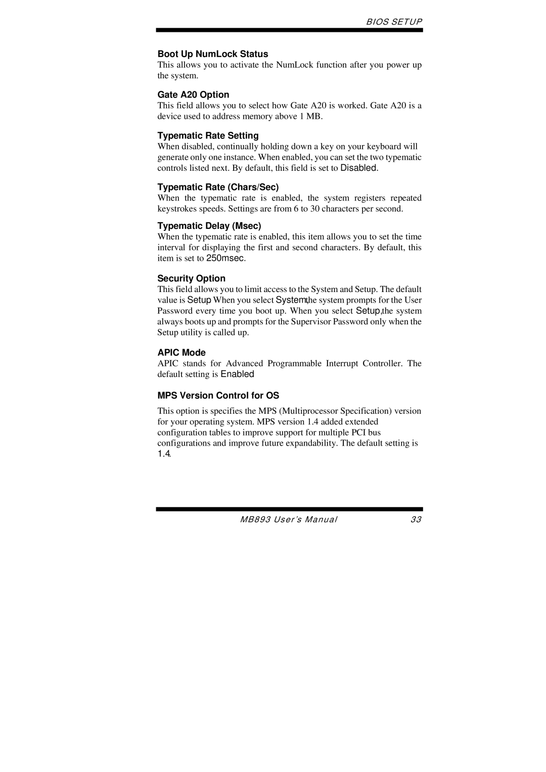 Intel MB893 Boot Up NumLock Status, Gate A20 Option, Typematic Rate Setting, Typematic Rate Chars/Sec, Security Option 