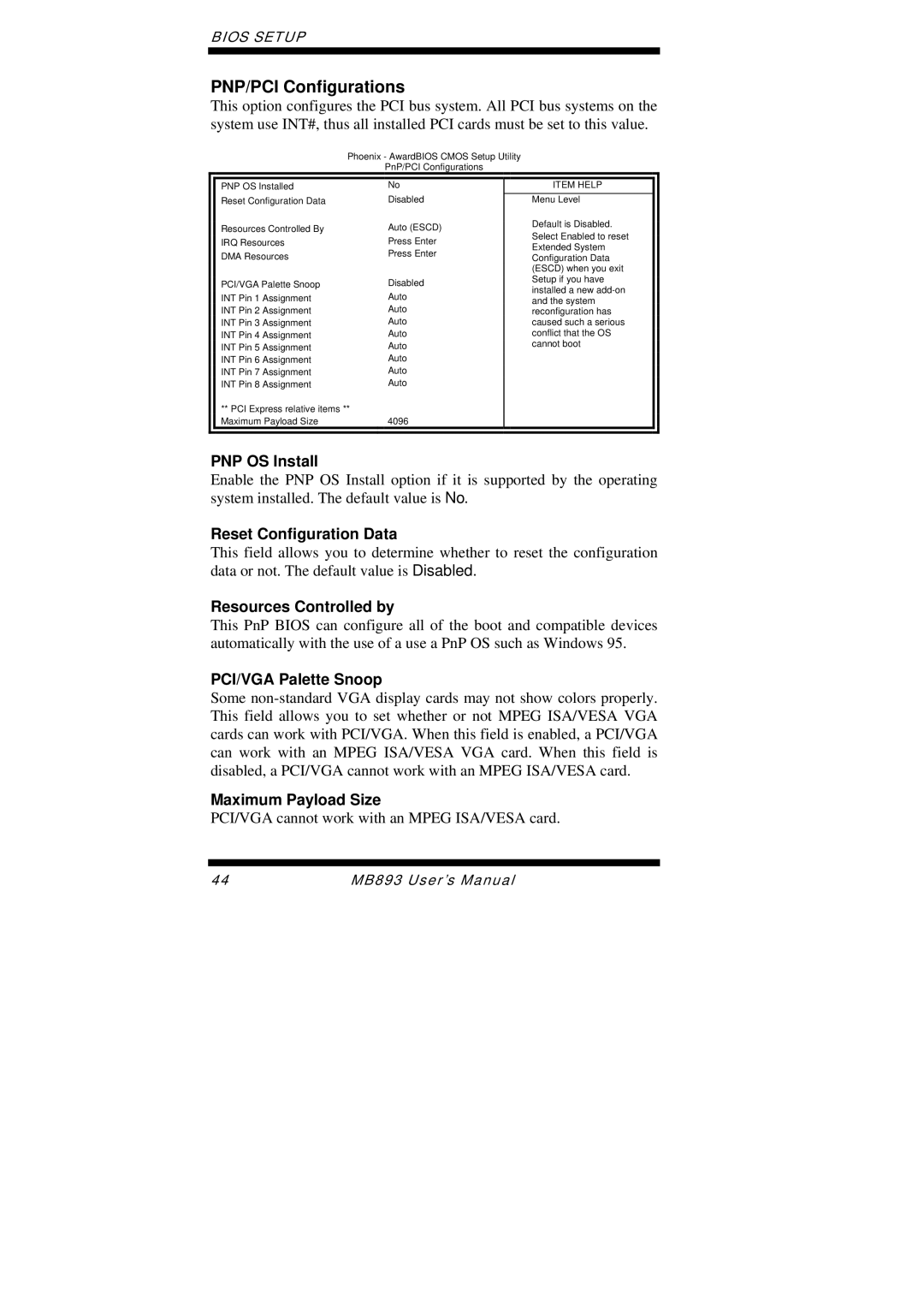 Intel MB893 user manual PNP/PCI Configurations 