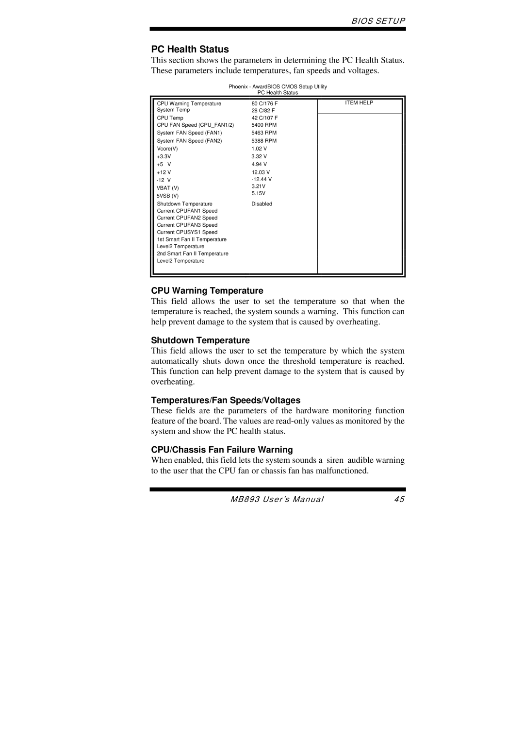 Intel MB893 user manual PC Health Status, CPU Warning Temperature, Shutdown Temperature, Temperatures/Fan Speeds/Voltages 