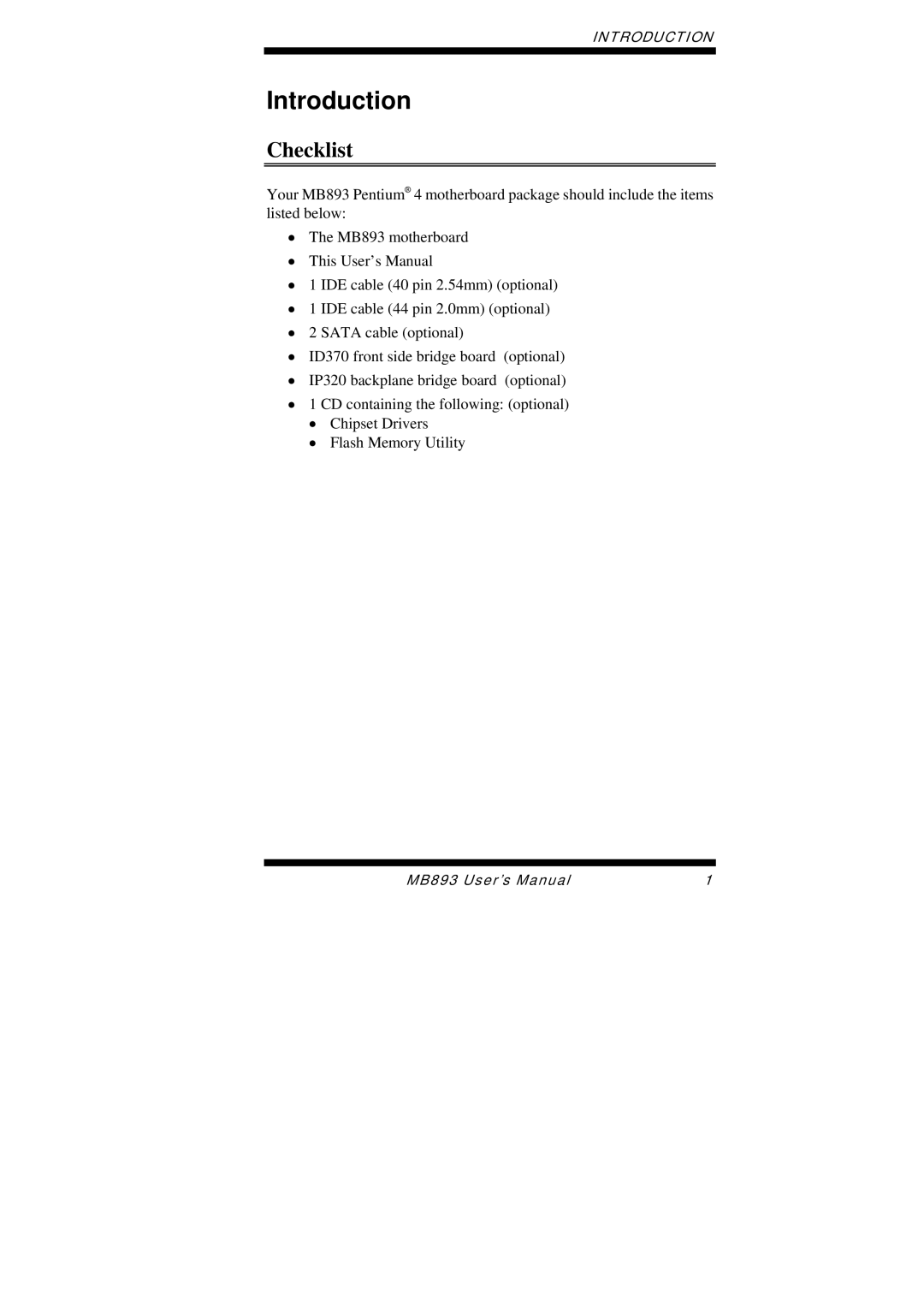 Intel MB893 user manual Introduction, Checklist 