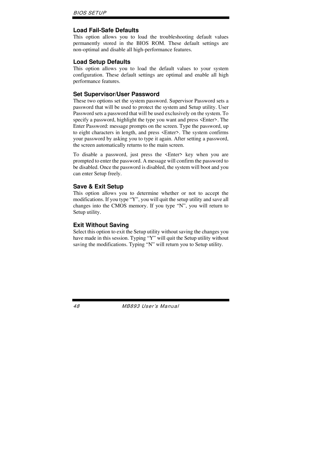 Intel MB893 user manual Load Fail-Safe Defaults, Load Setup Defaults, Set Supervisor/User Password, Save & Exit Setup 