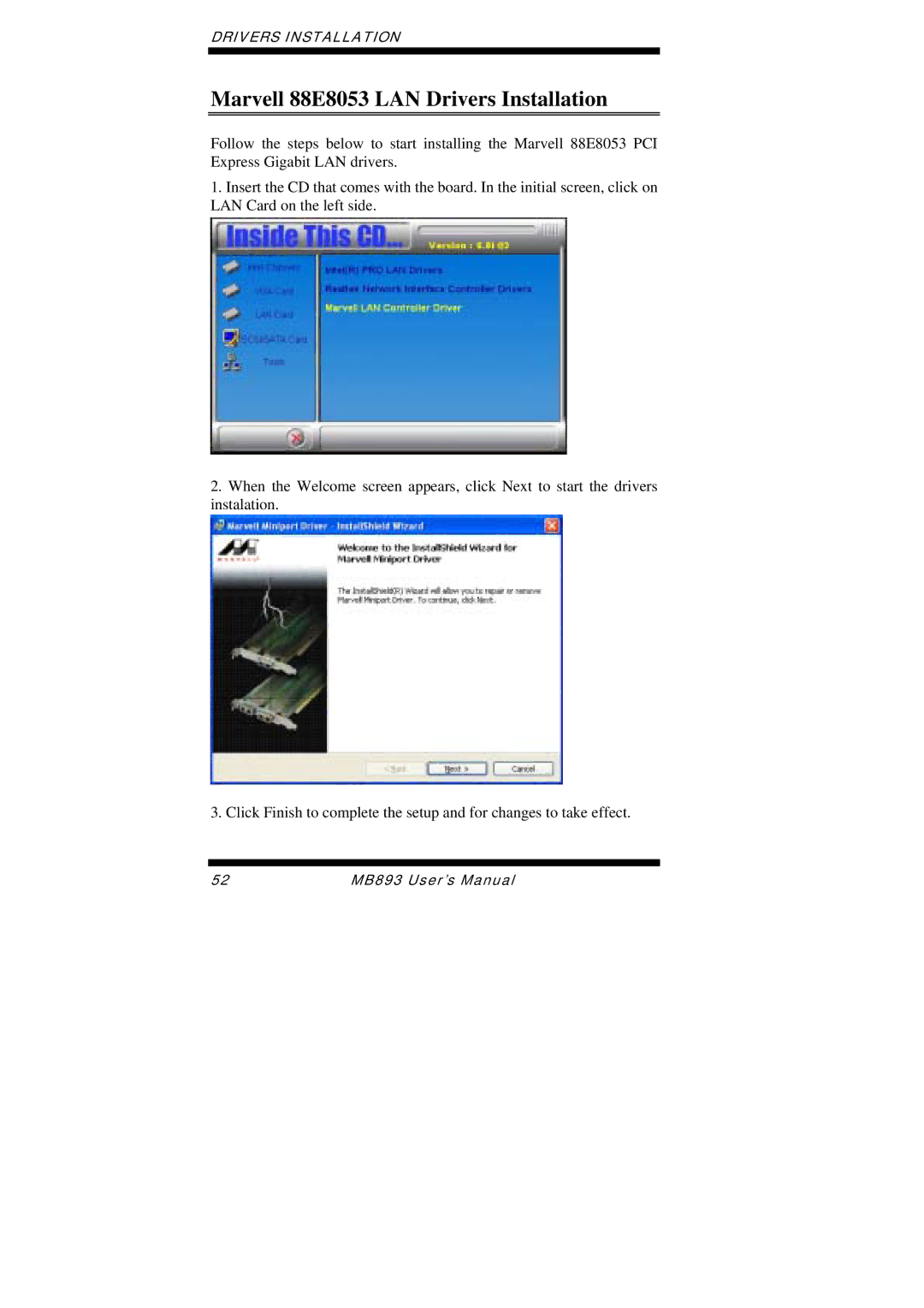 Intel MB893 user manual Marvell 88E8053 LAN Drivers Installation 