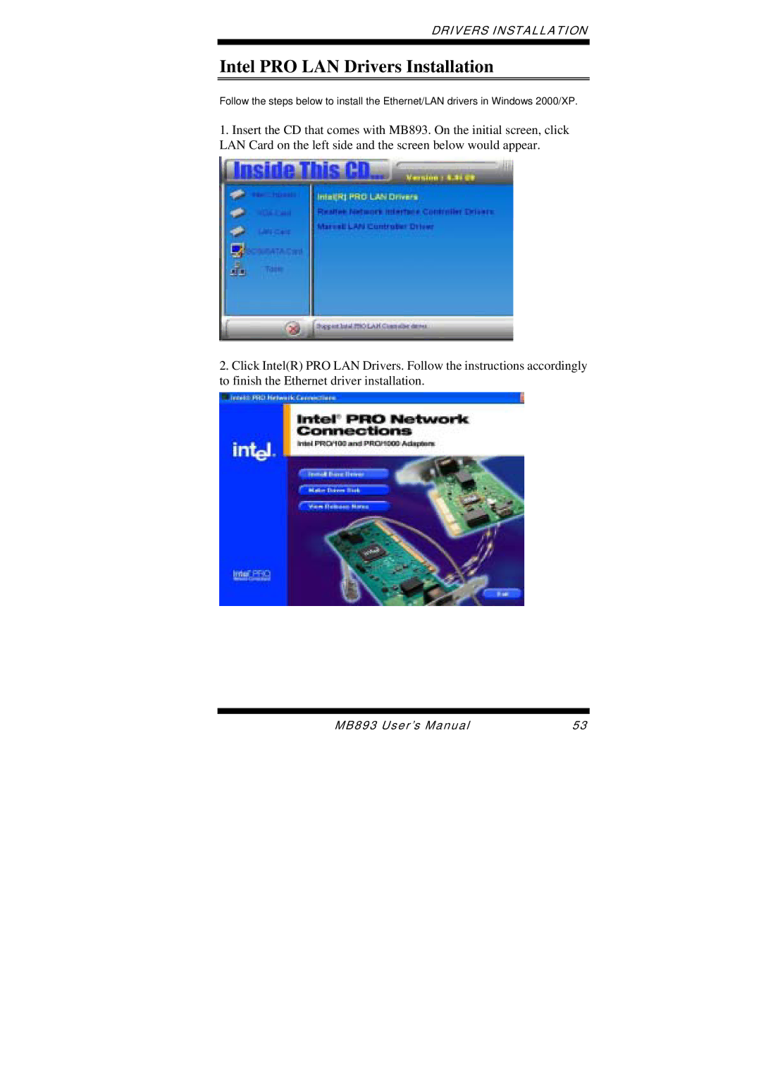 Intel MB893 user manual Intel PRO LAN Drivers Installation 