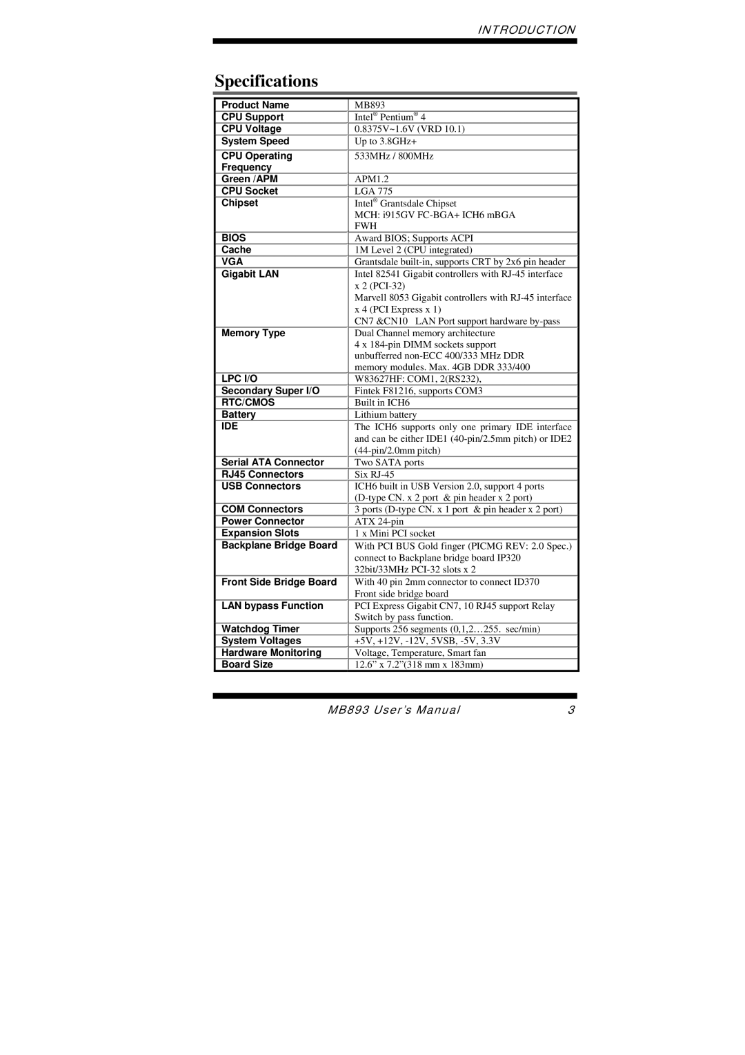 Intel MB893 user manual Specifications, Ide 