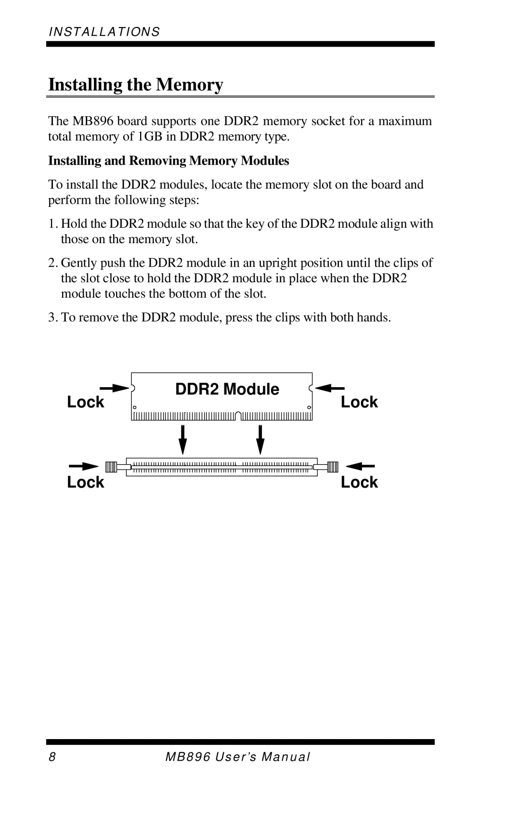 Intel MB896 user manual Installing the Memory, Installing and Removing Memory Modules 