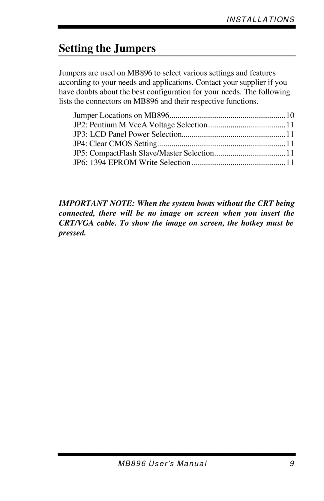 Intel MB896 user manual Setting the Jumpers 