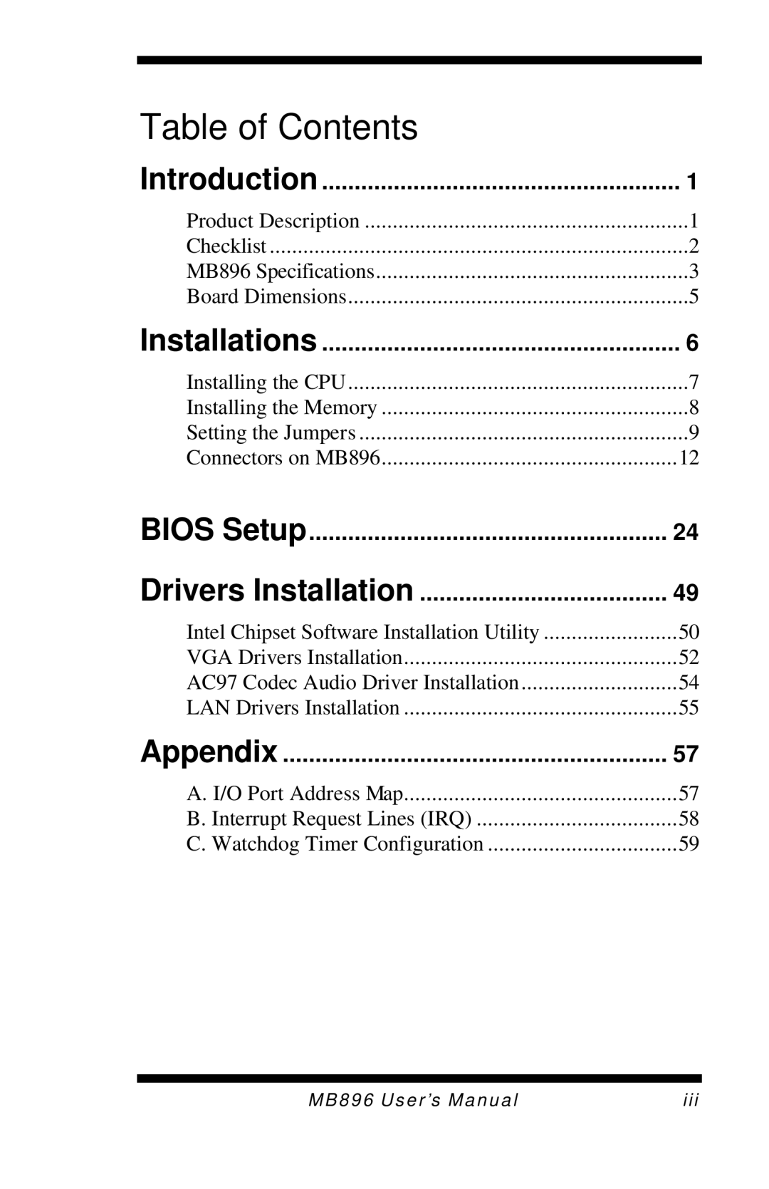 Intel MB896 user manual Table of Contents 