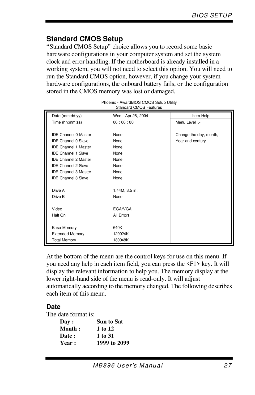 Intel MB896 user manual Standard Cmos Setup, Date 