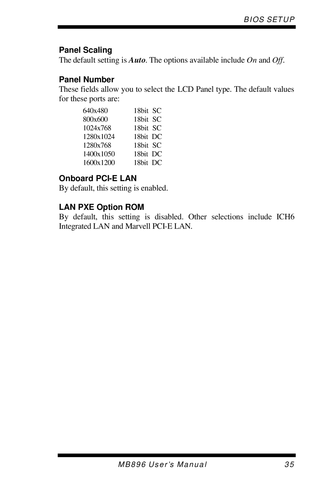 Intel MB896 user manual Panel Scaling, Panel Number, Onboard PCI-E LAN, LAN PXE Option ROM 