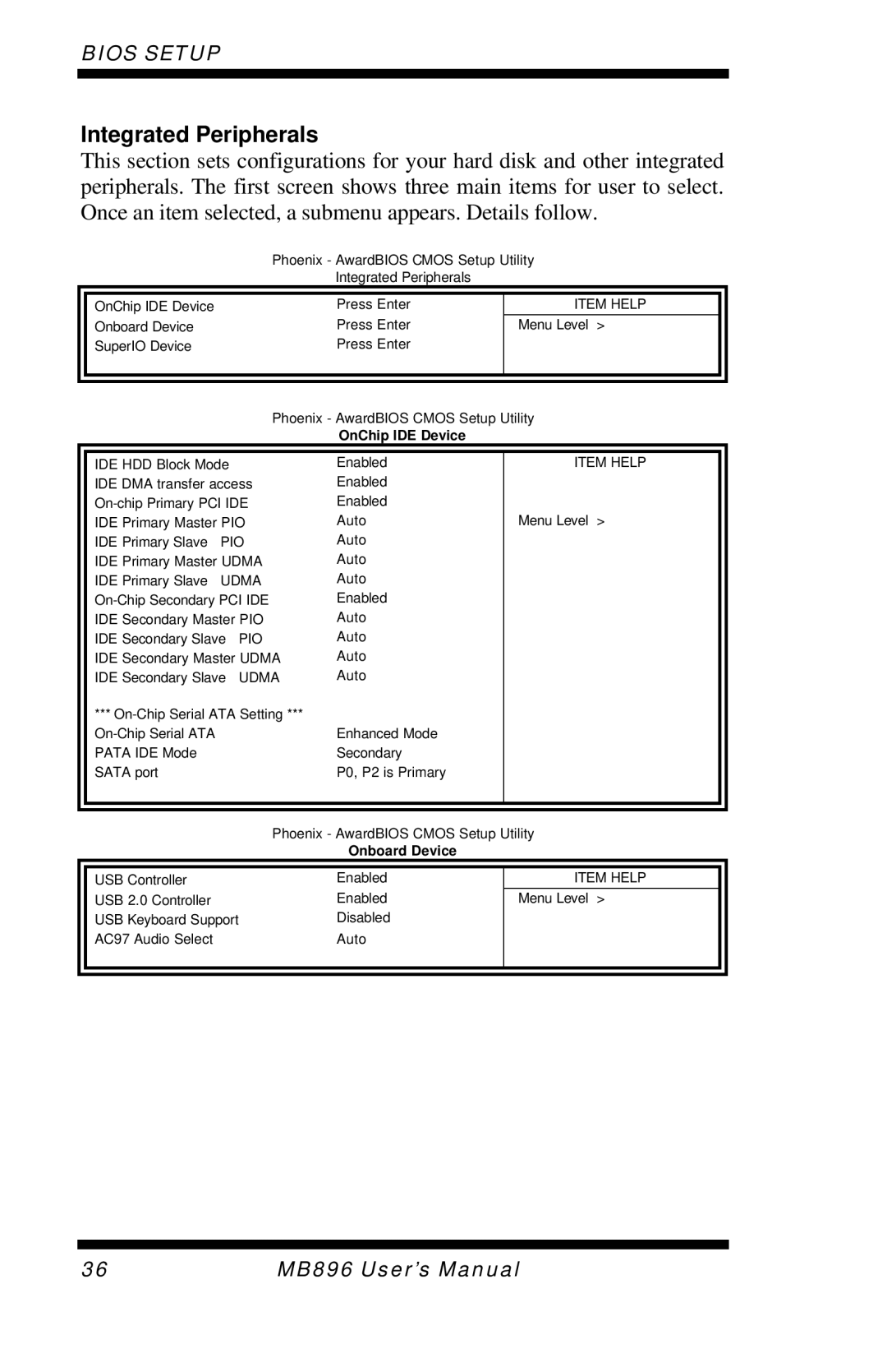 Intel MB896 user manual Integrated Peripherals, OnChip IDE Device 