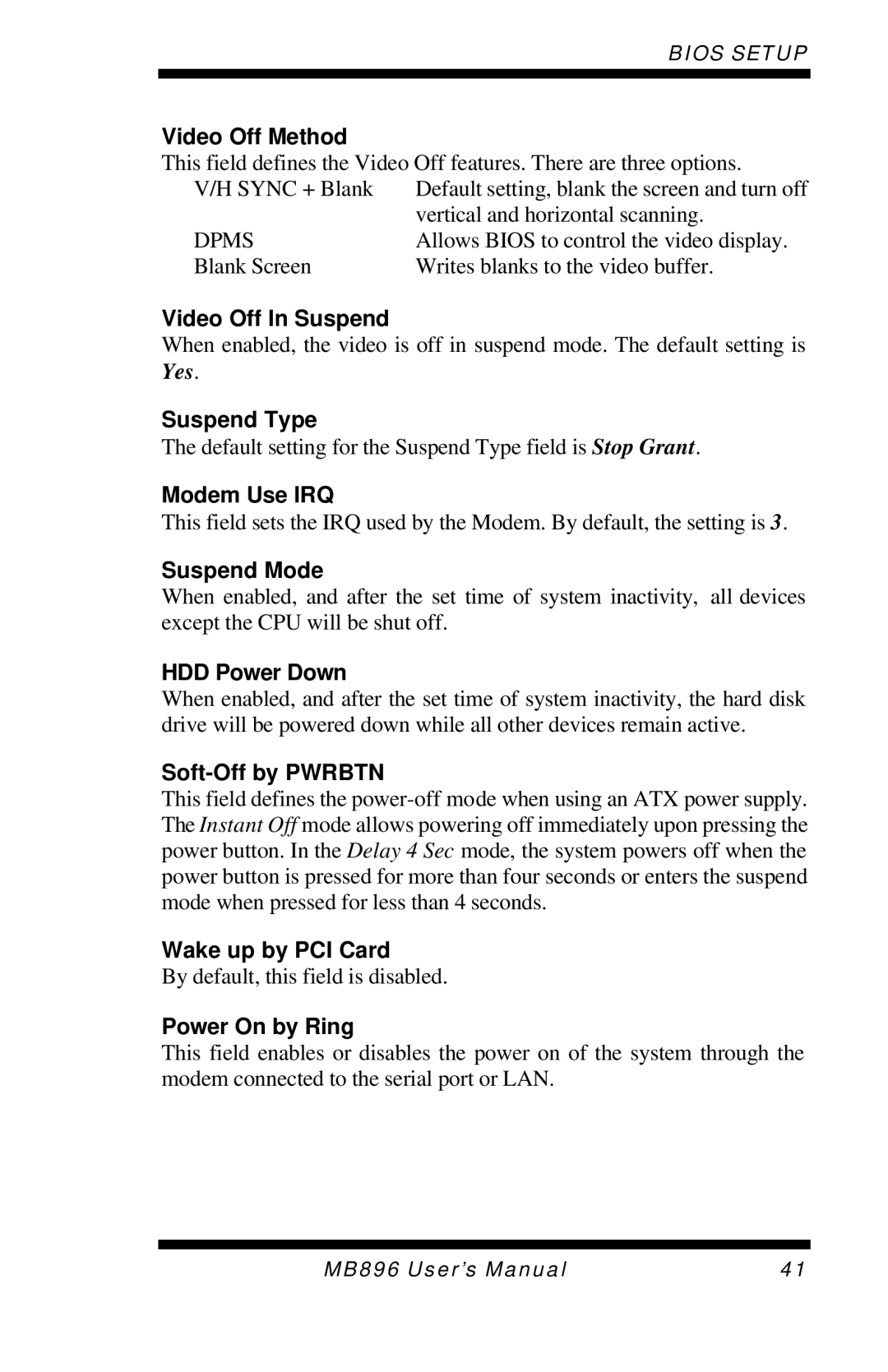 Intel MB896 user manual Video Off Method, Video Off In Suspend, Suspend Type, Modem Use IRQ, Suspend Mode, HDD Power Down 