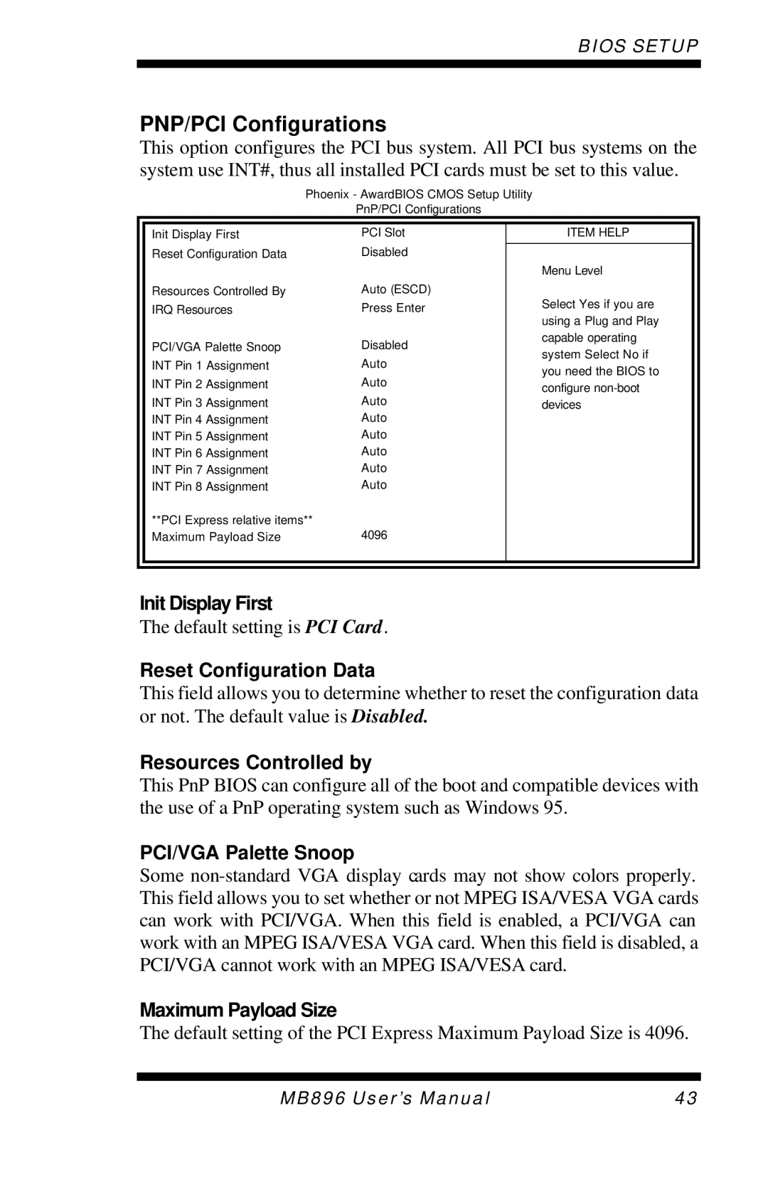 Intel MB896 user manual PNP/PCI Configurations 