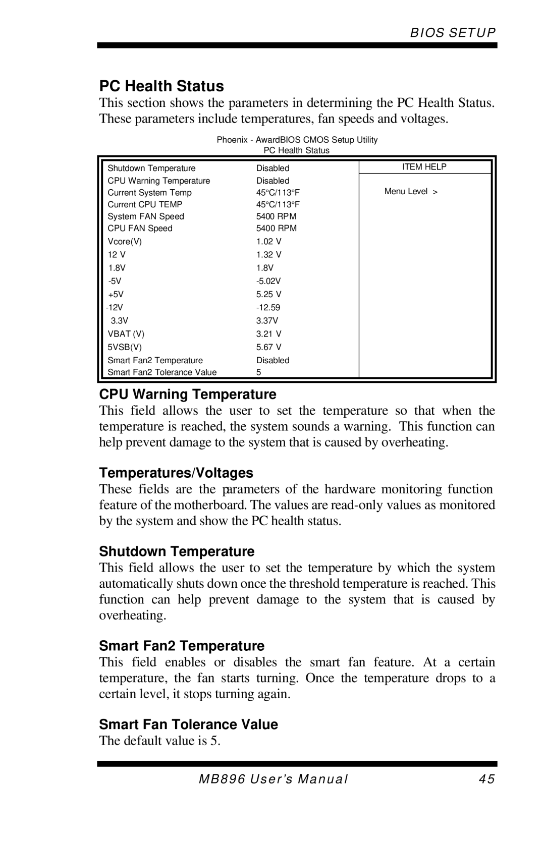 Intel MB896 user manual PC Health Status 