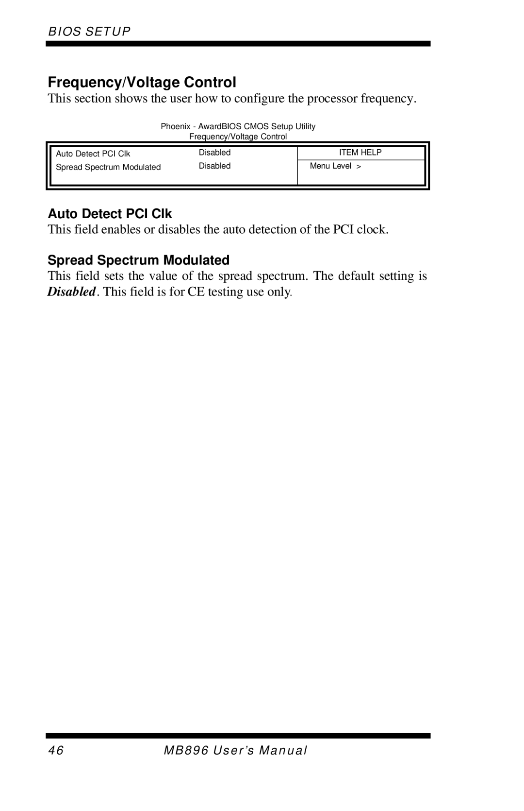 Intel MB896 user manual Frequency/Voltage Control, Auto Detect PCI Clk, Spread Spectrum Modulated 