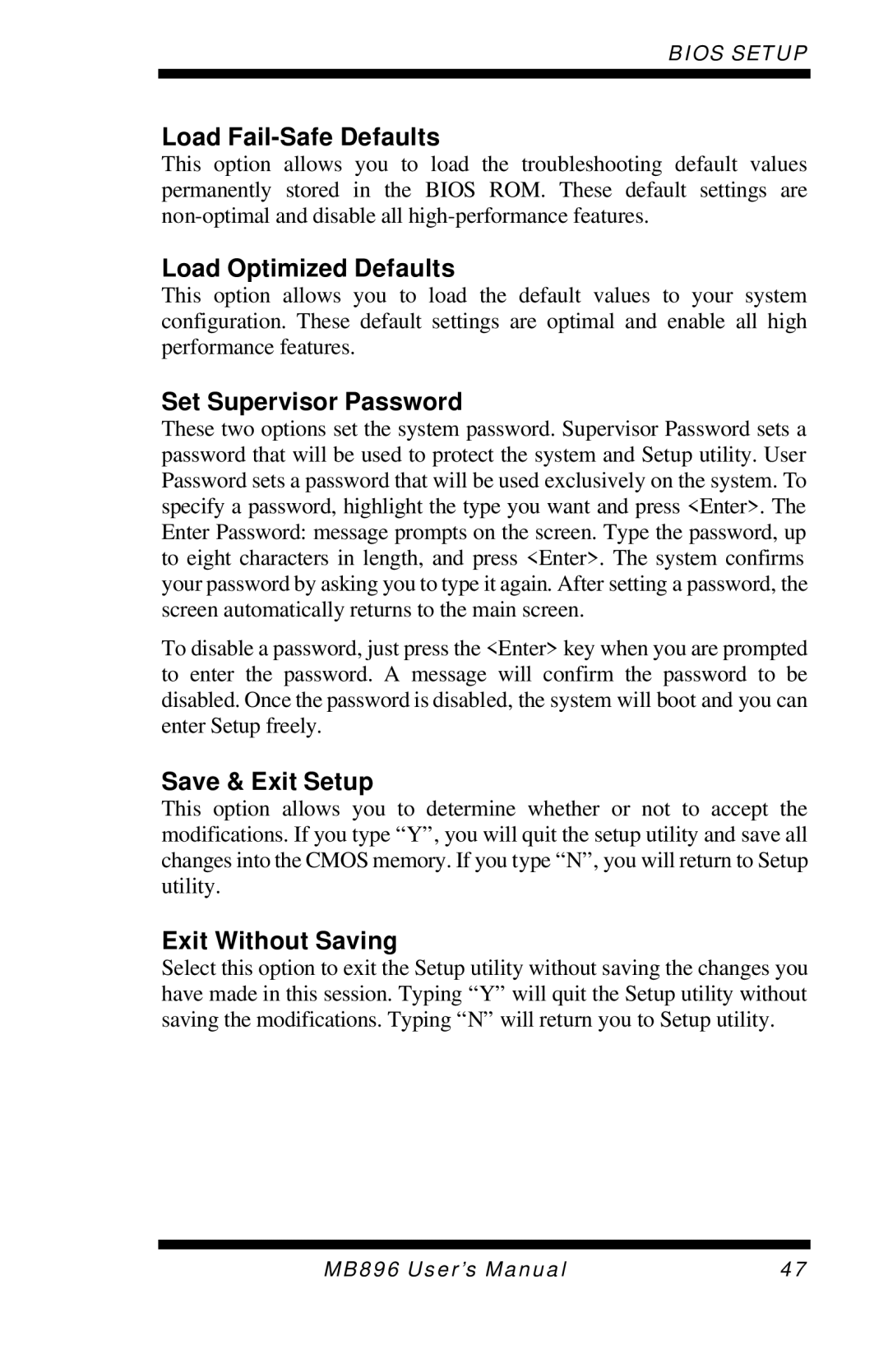 Intel MB896 user manual Load Fail-Safe Defaults, Load Optimized Defaults, Set Supervisor Password, Save & Exit Setup 