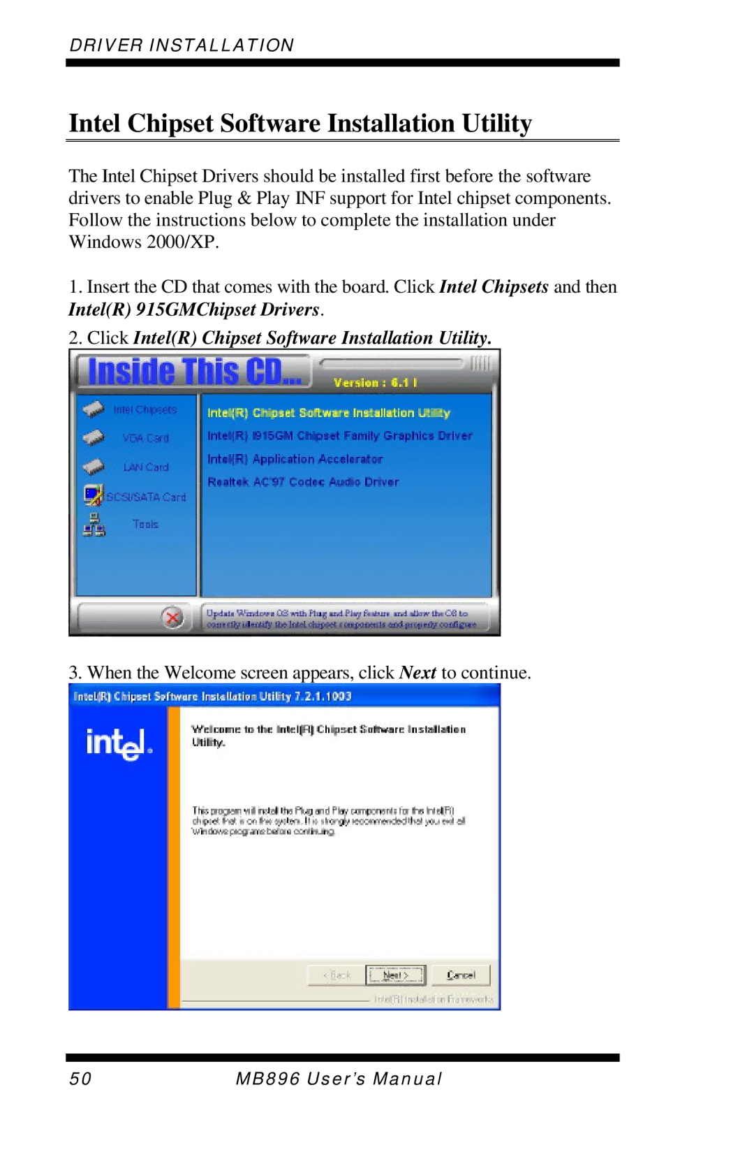 Intel MB896 user manual Intel Chipset Software Installation Utility, Click IntelR Chipset Software Installation Utility 