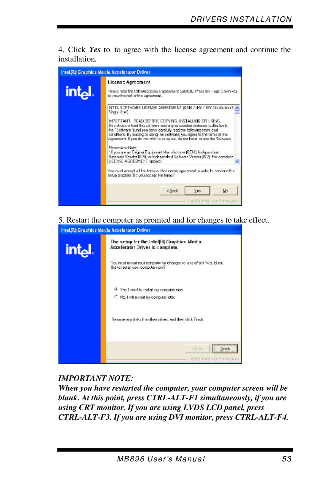 Intel MB896 user manual Important Note 