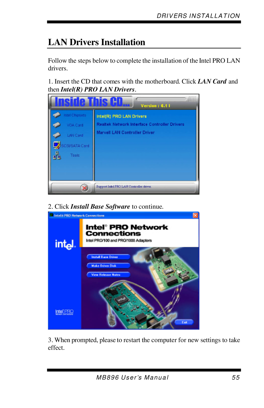 Intel MB896 user manual LAN Drivers Installation, Click Install Base Software to continue 