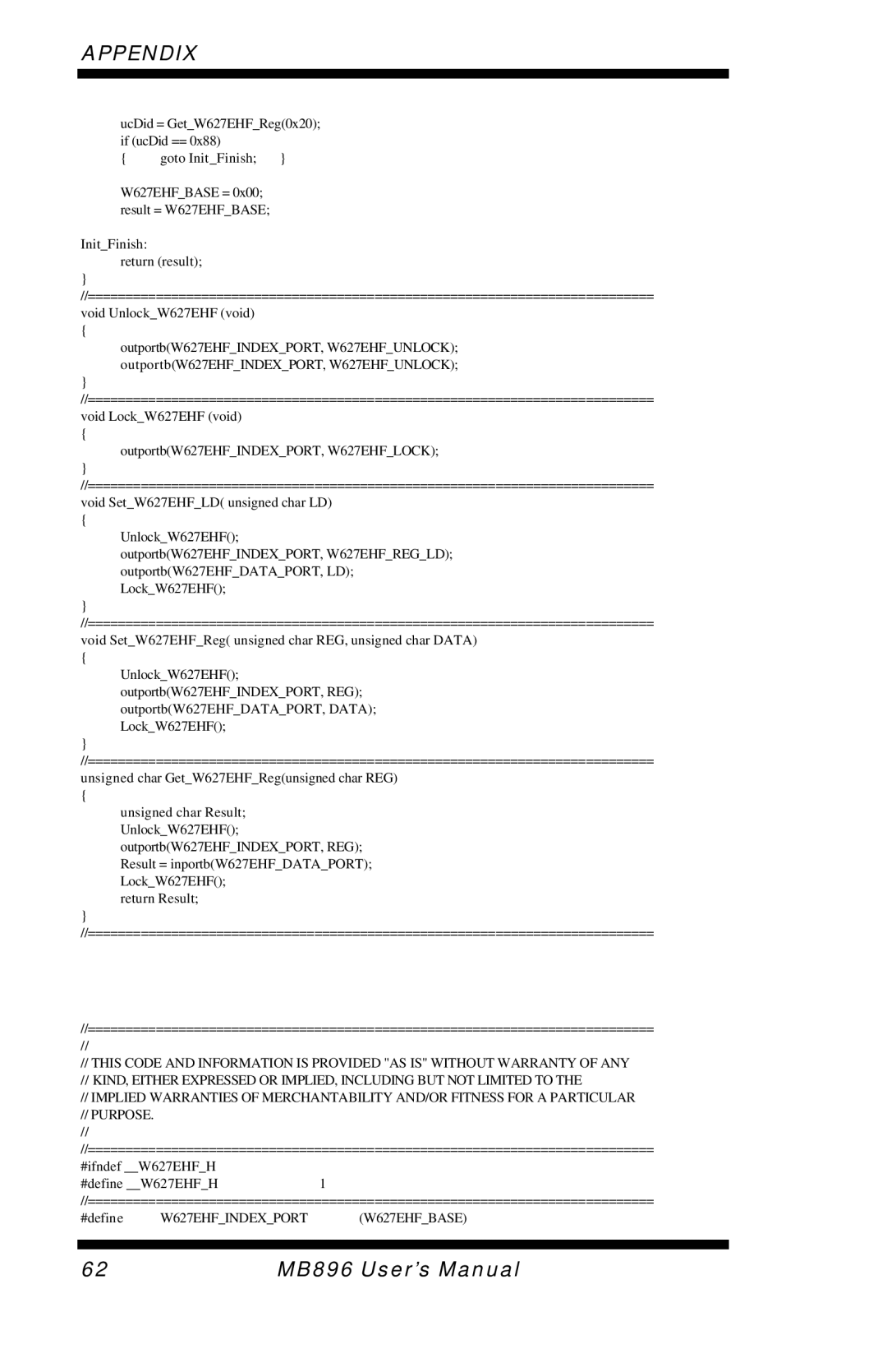 Intel MB896 user manual OutportbW627EHFINDEXPORT, W627EHFLOCK 