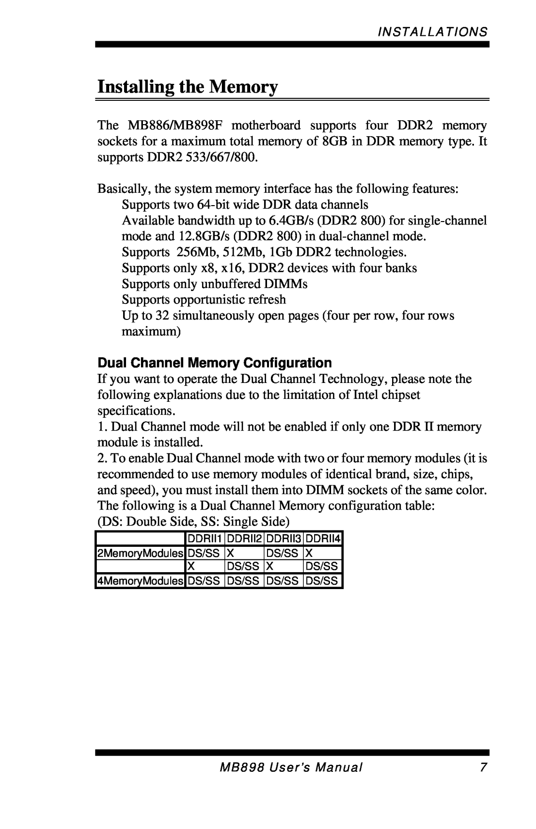 Intel MB898F, MB898RF user manual Installing the Memory, Dual Channel Memory Configuration 