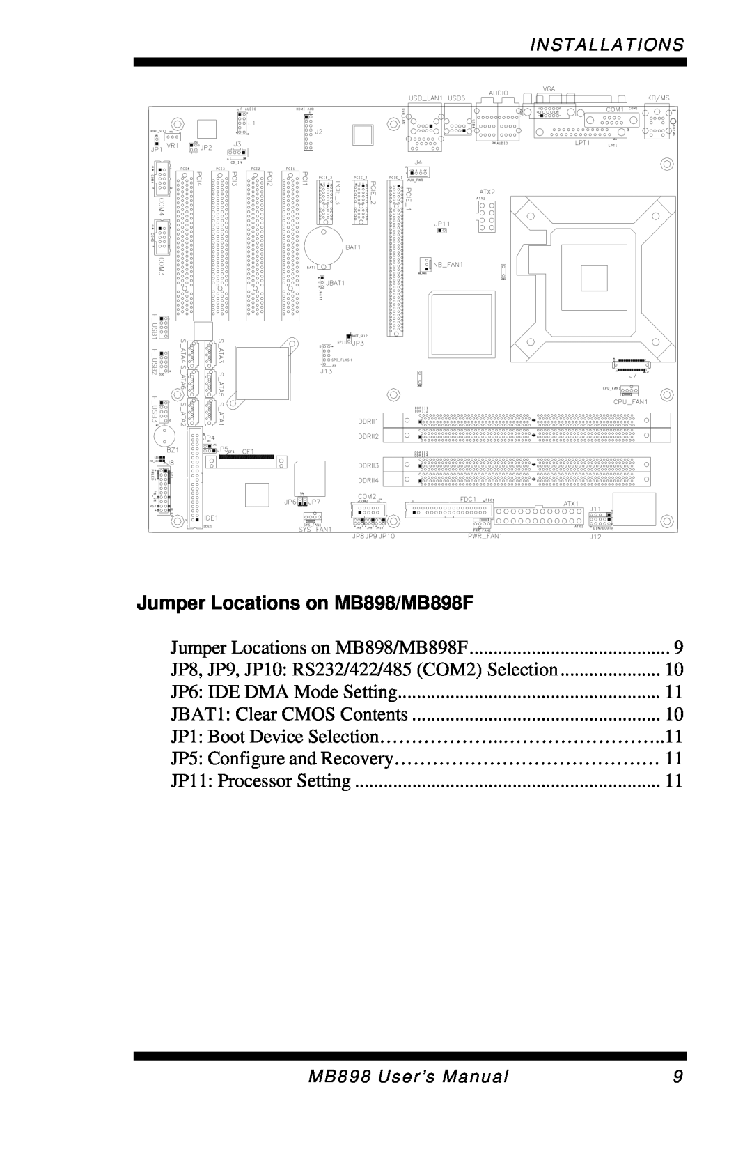 Intel MB898RF user manual Jumper Locations on MB898/MB898F, Installations, MB898 User’s Manual 