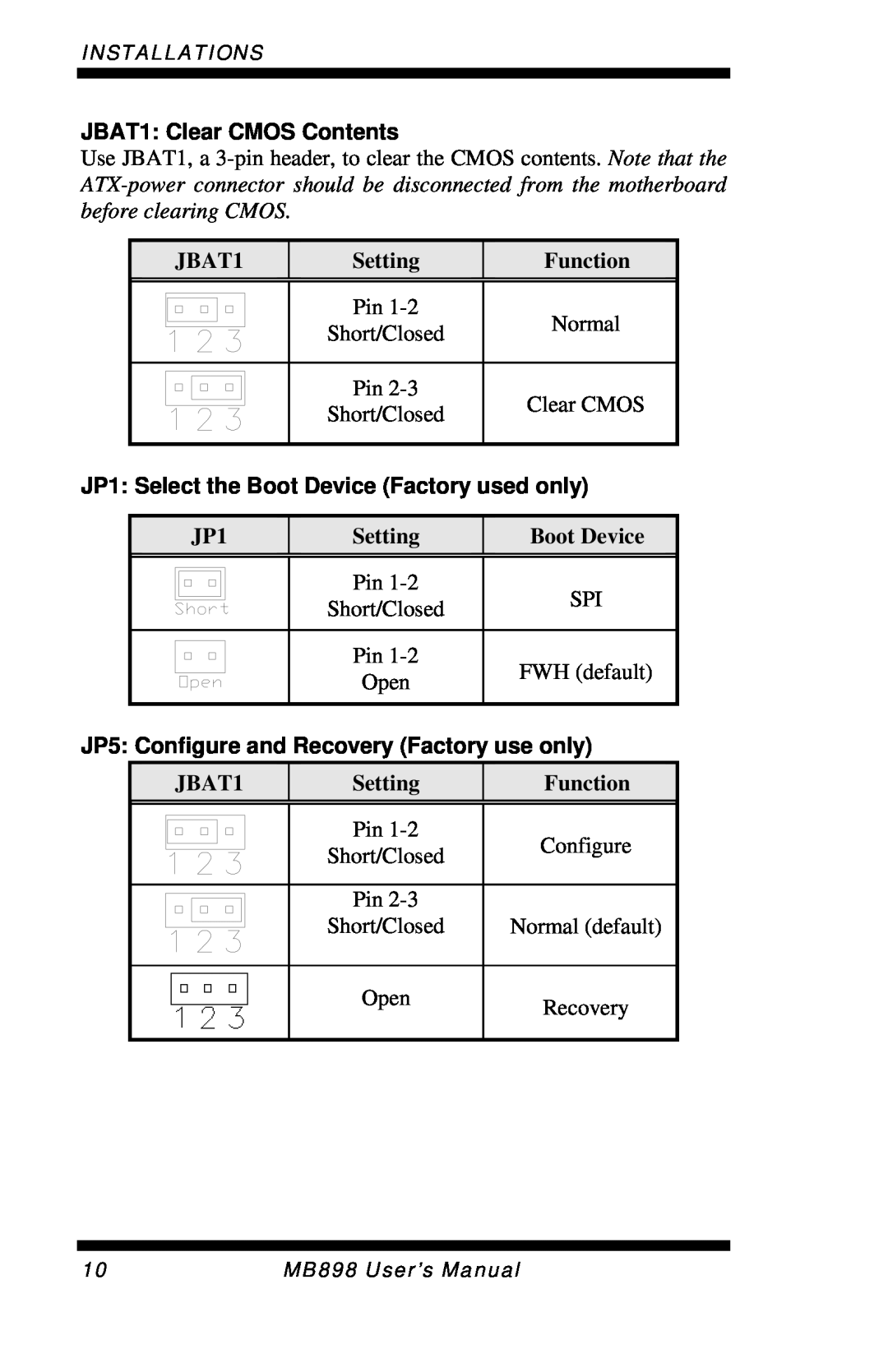 Intel MB898F, MB898RF JBAT1: Clear CMOS Contents, JP1: Select the Boot Device Factory used only, Setting, Function 