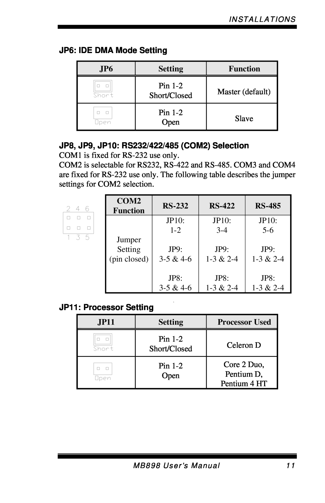 Intel MB898RF, MB898F user manual JP6: IDE DMA Mode Setting, JP11: Processor Setting 