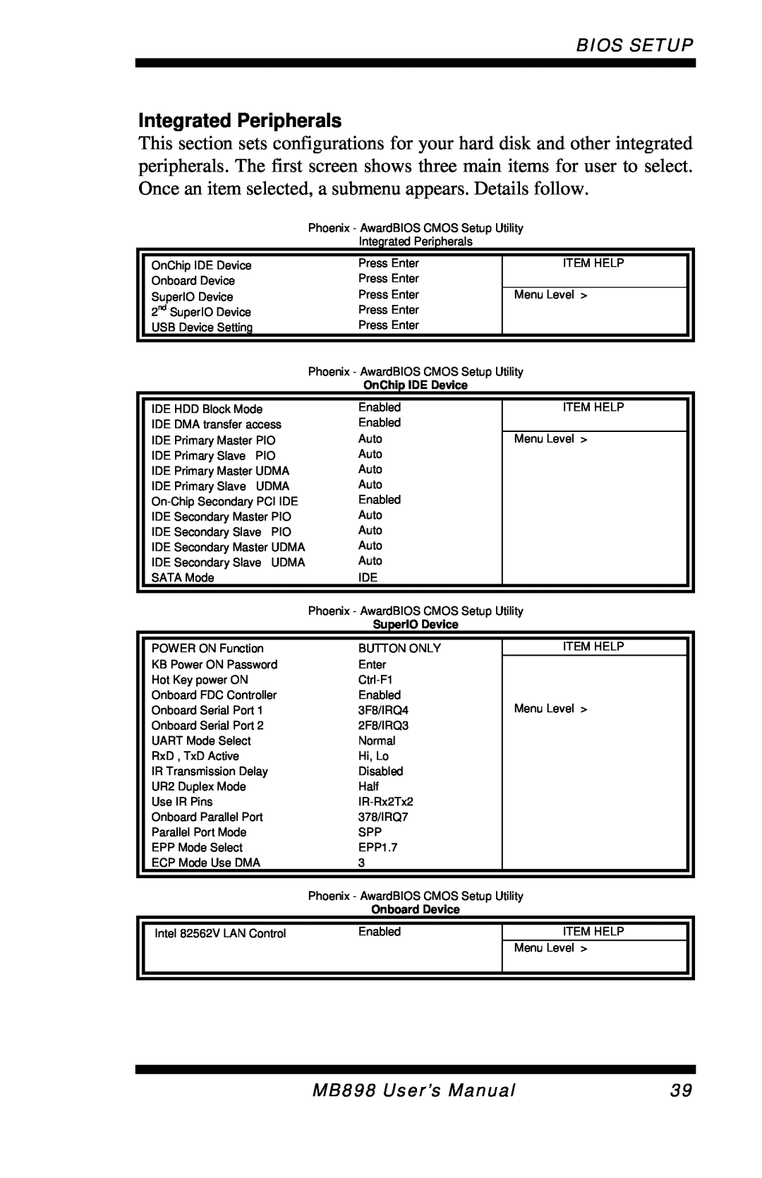 Intel Integrated Peripherals, Bios Setup, MB898 User’s Manual, OnChip IDE Device, SuperIO Device, Onboard Device 