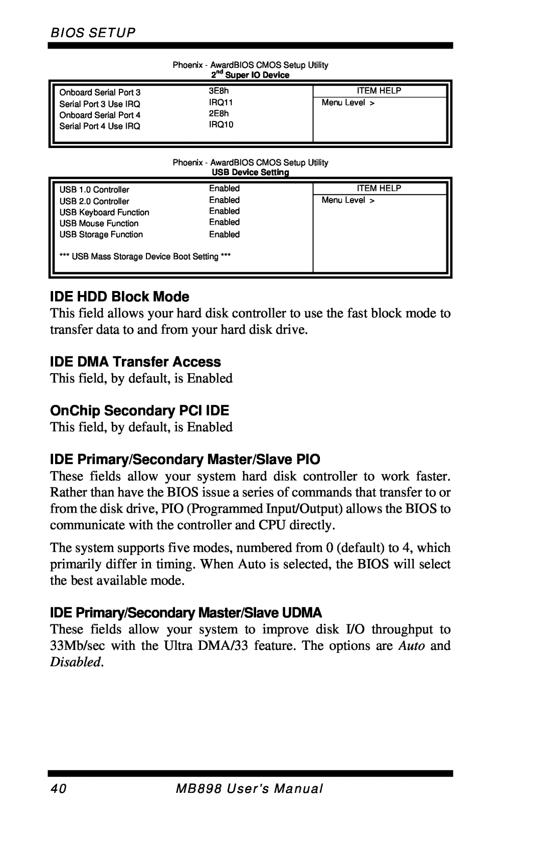 Intel MB898F IDE HDD Block Mode, IDE DMA Transfer Access, OnChip Secondary PCI IDE, IDE Primary/Secondary Master/Slave PIO 