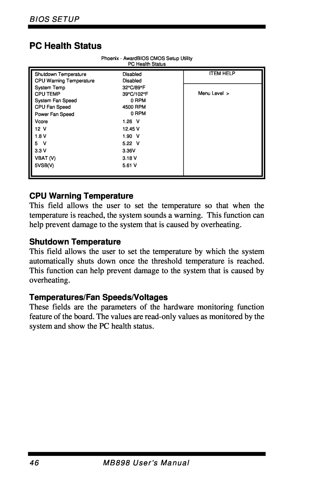 Intel MB898F, MB898RF PC Health Status, CPU Warning Temperature, Shutdown Temperature, Temperatures/Fan Speeds/Voltages 
