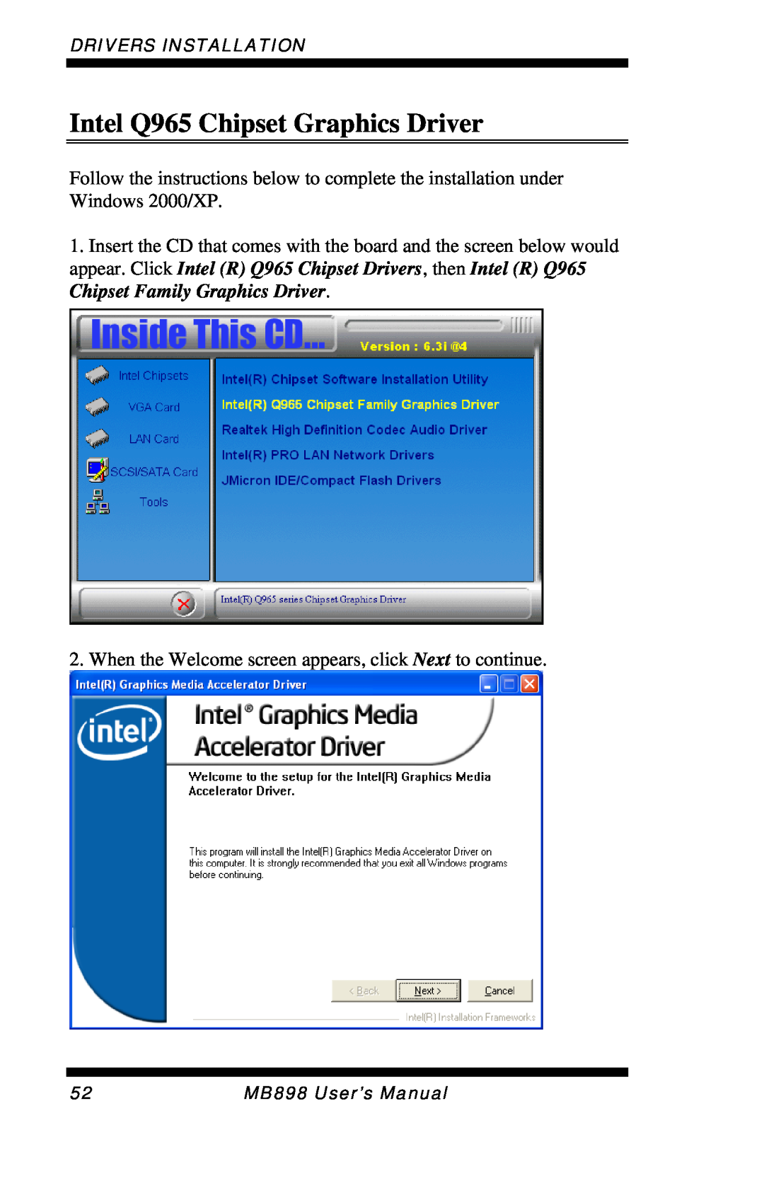 Intel MB898F, MB898RF user manual Intel Q965 Chipset Graphics Driver, Drivers Installation, MB898 User’s Manual 