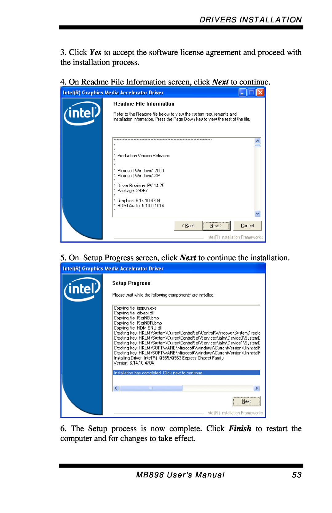 Intel MB898RF, MB898F user manual Drivers Installation, MB898 User’s Manual 