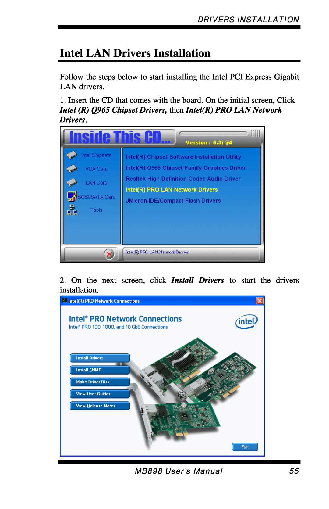 Intel MB898F, MB898RF user manual Intel LAN Drivers Installation, MB898 User’s Manual 