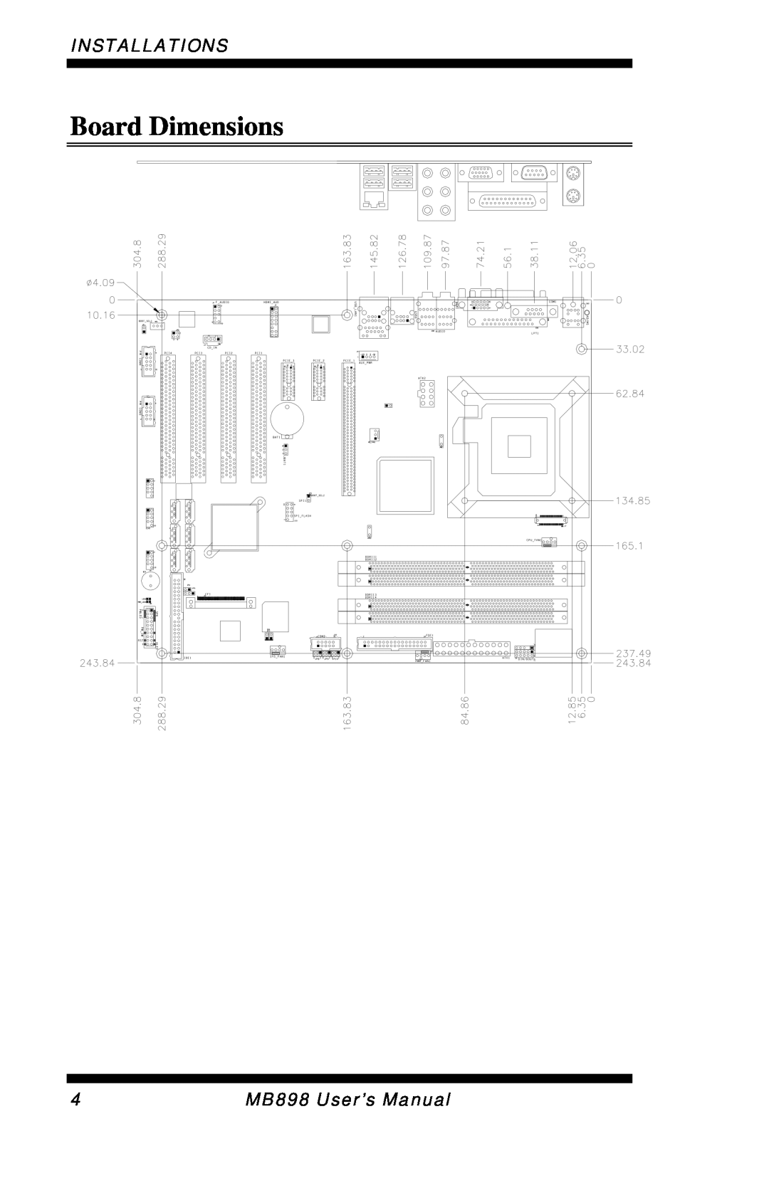 Intel MB898F, MB898RF user manual Board Dimensions, Installations, MB898 User’s Manual 