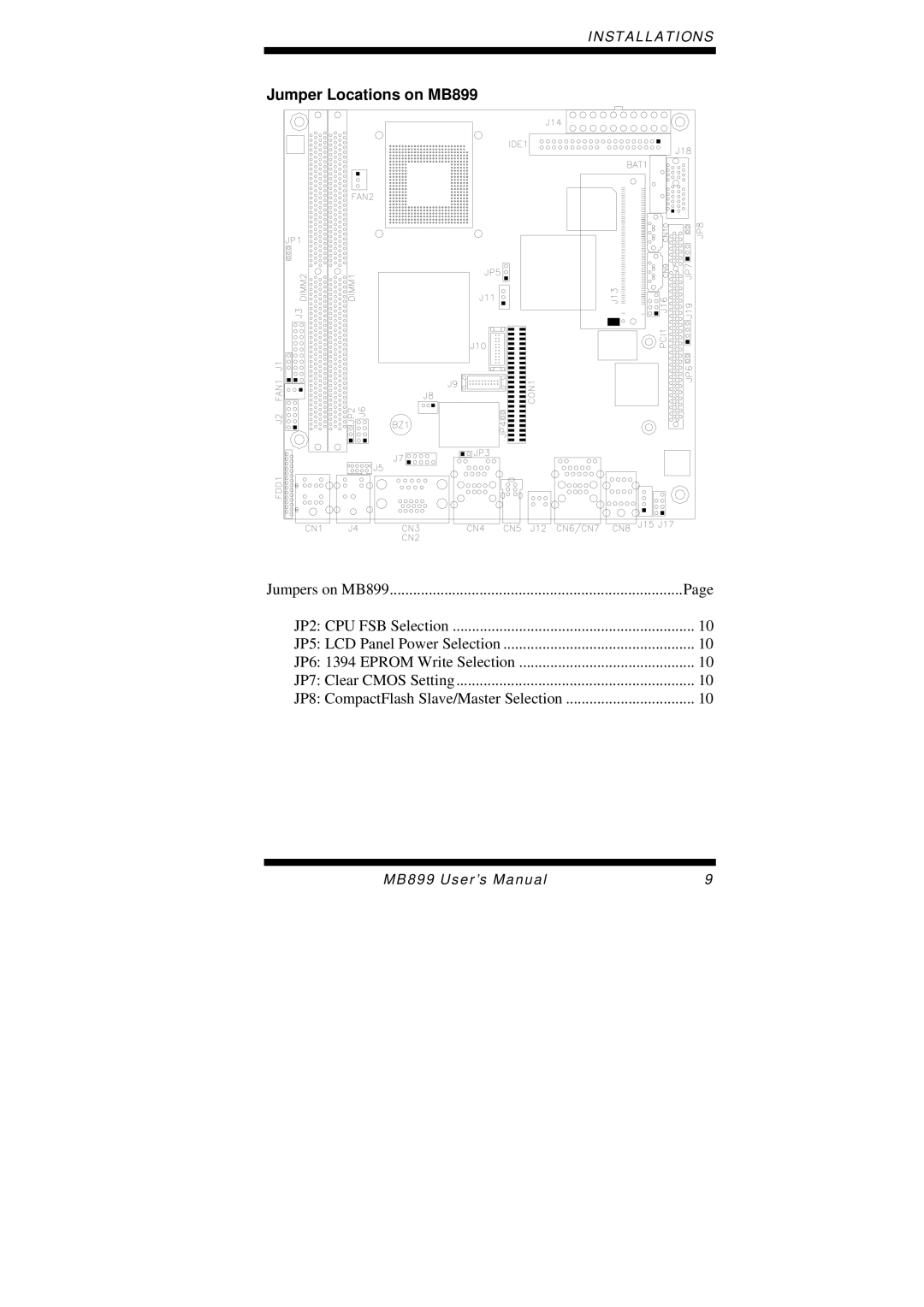 Intel user manual Jumper Locations on MB899 