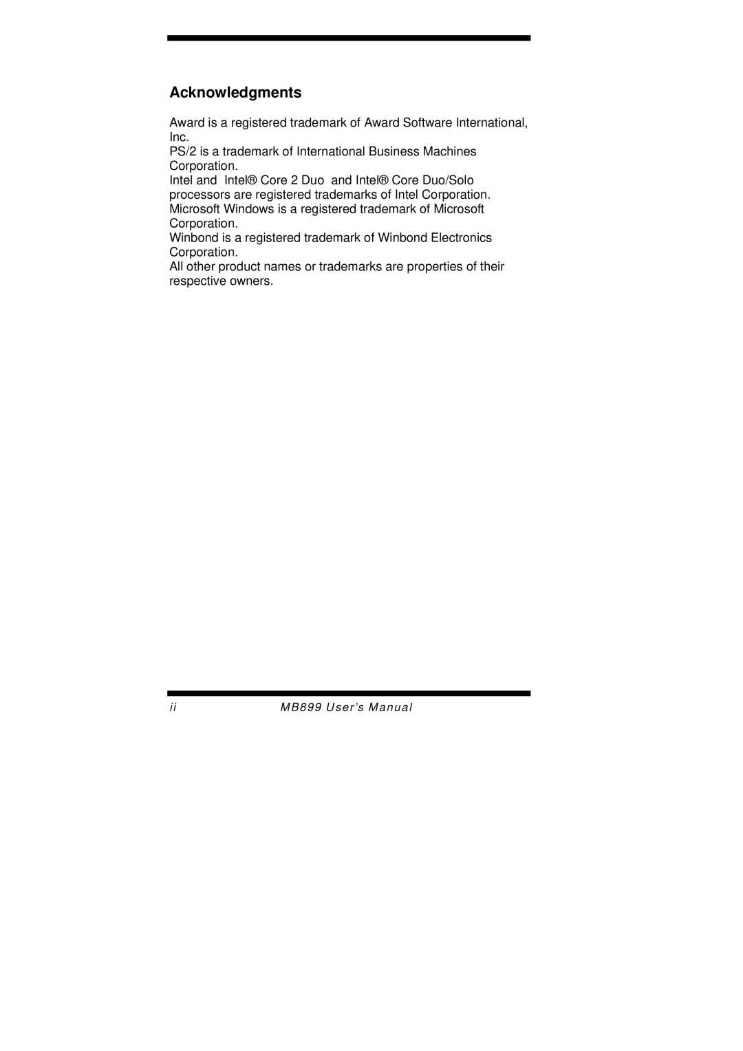 Intel MB899 user manual Acknowledgments 