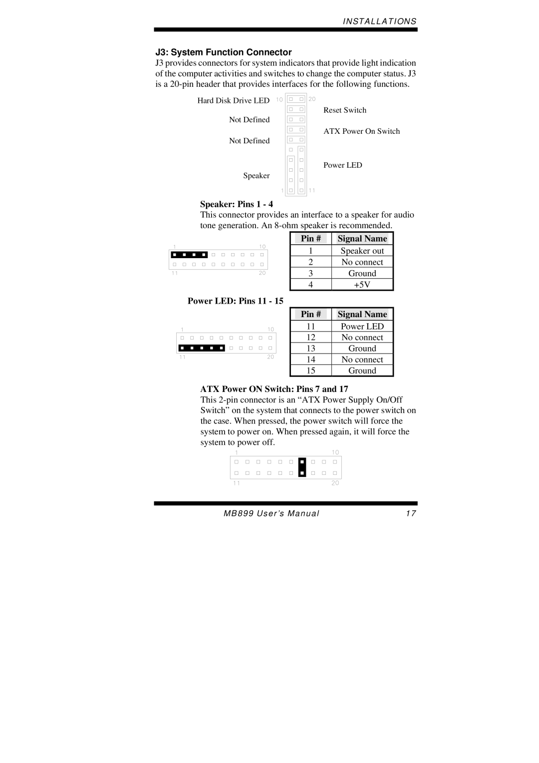 Intel MB899 user manual J3 System Function Connector, Speaker Pins 1 