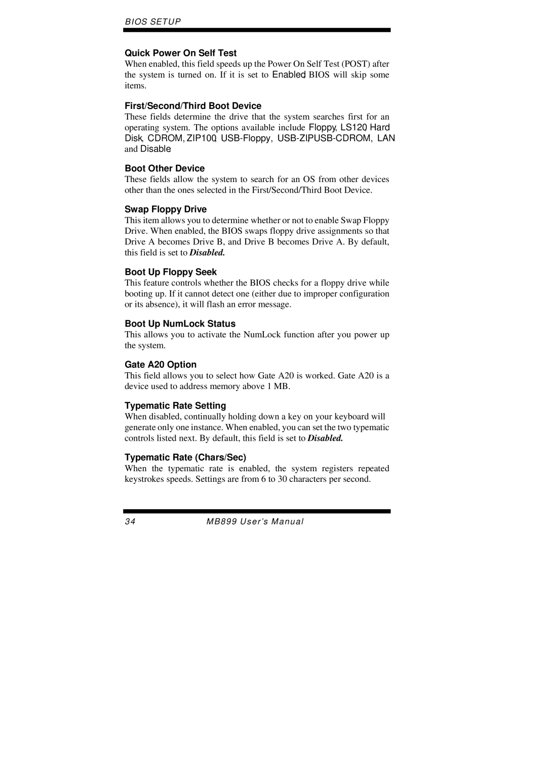 Intel MB899 user manual Quick Power On Self Test, First/Second/Third Boot Device, Boot Other Device, Swap Floppy Drive 