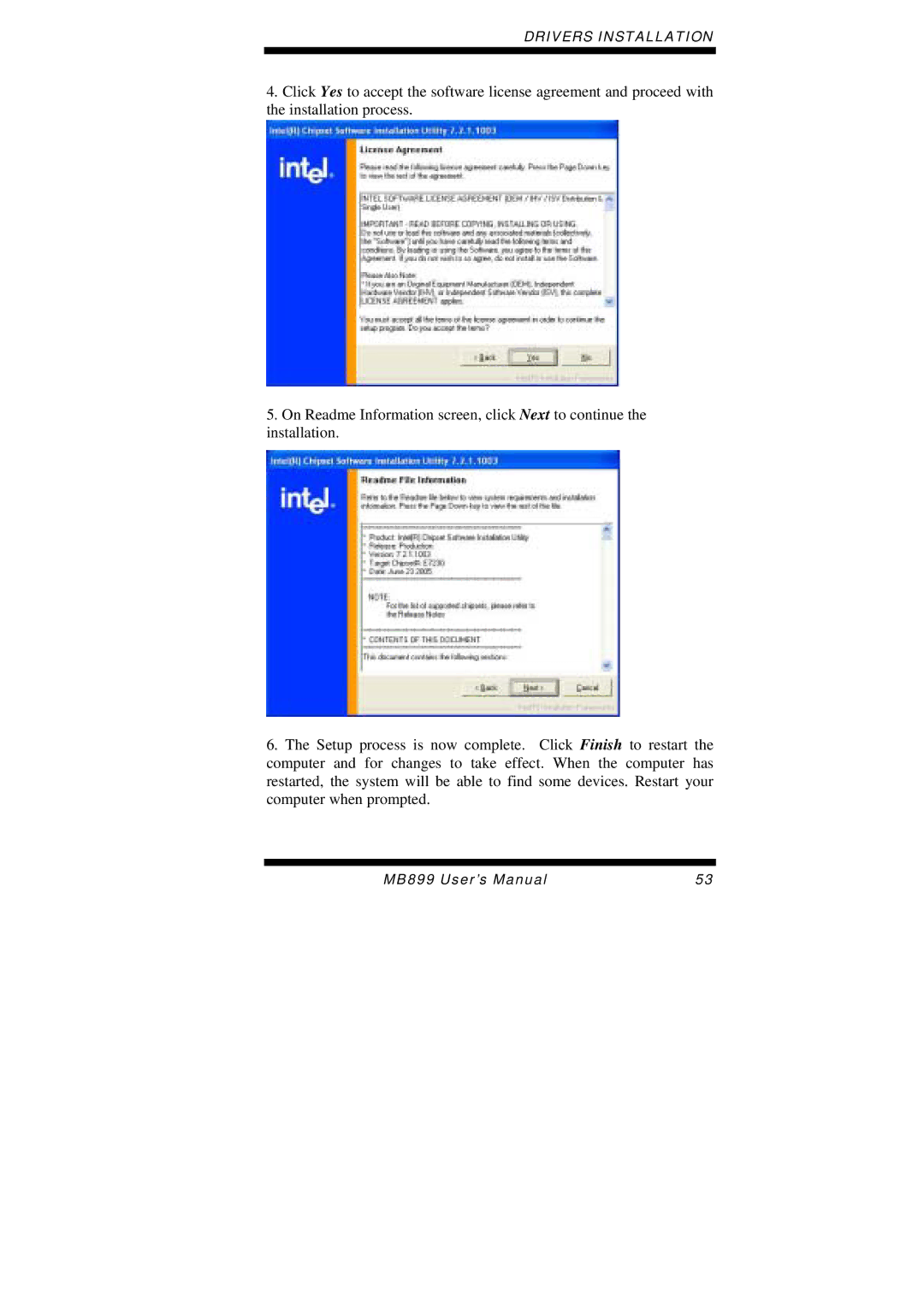 Intel MB899 user manual Drivers Installation 