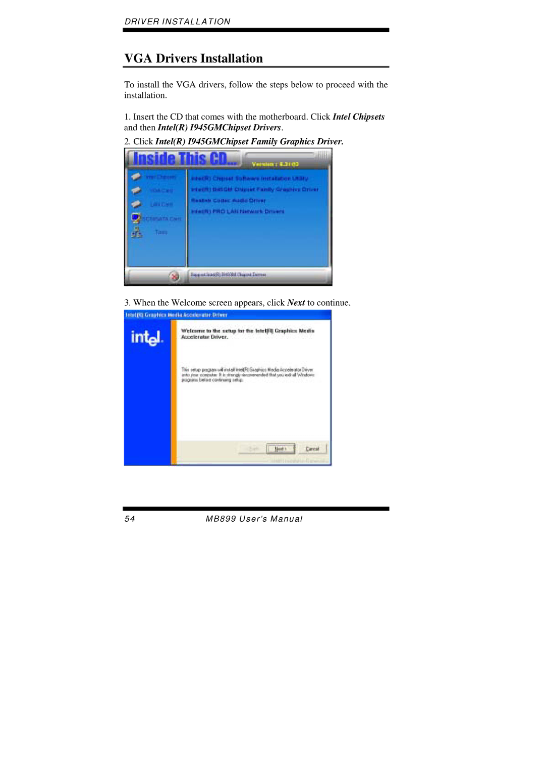 Intel MB899 user manual VGA Drivers Installation, Click IntelR I945GMChipset Family Graphics Driver 