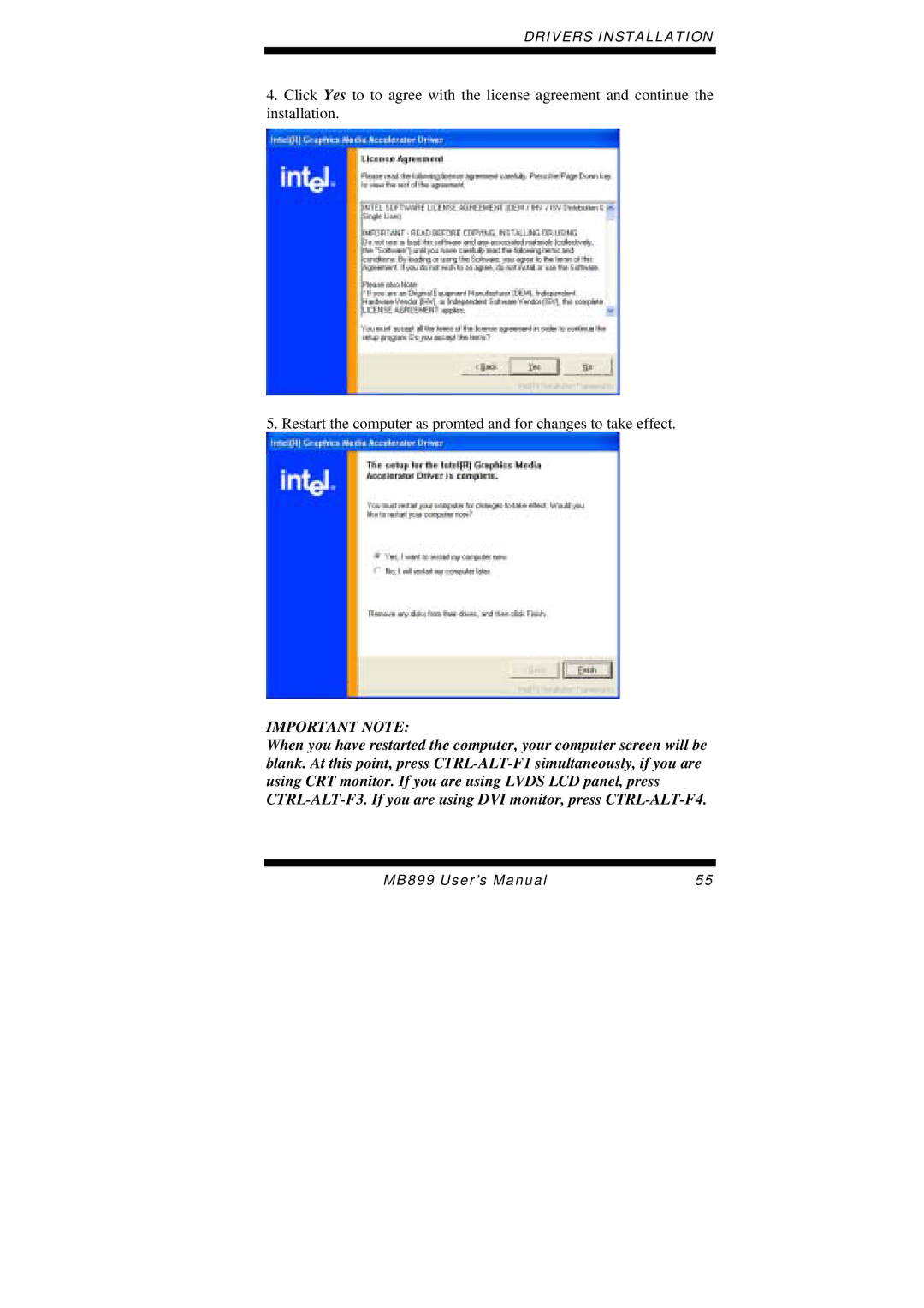 Intel MB899 user manual Important Note 