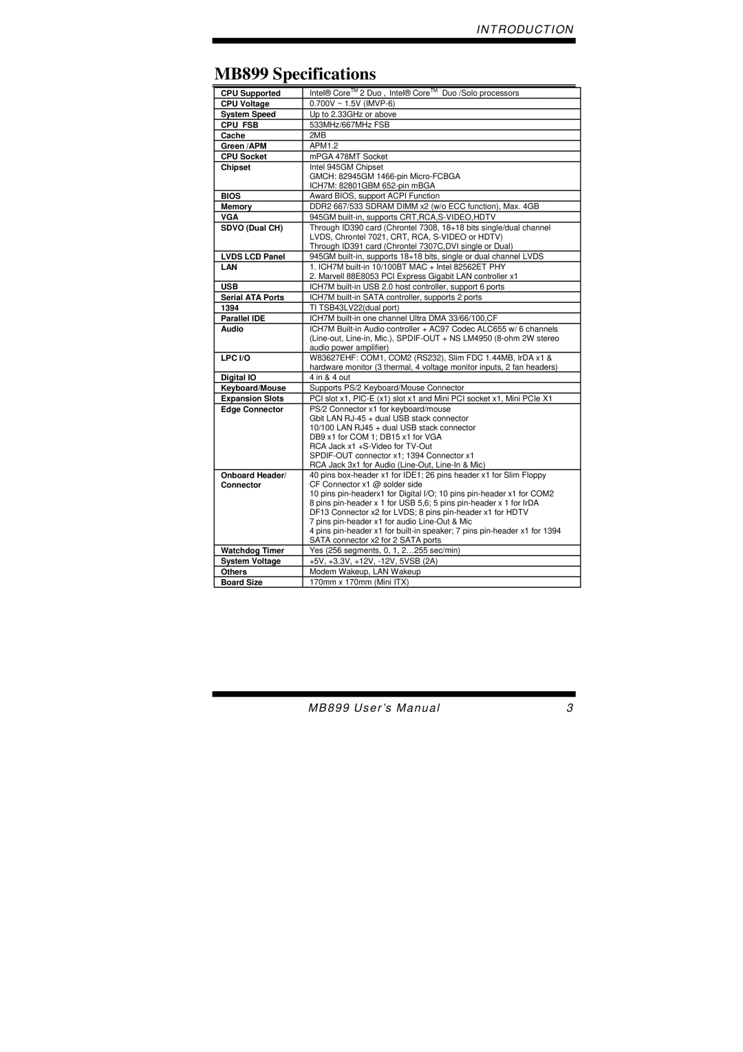 Intel user manual MB899 Specifications, Cpu Fsb 