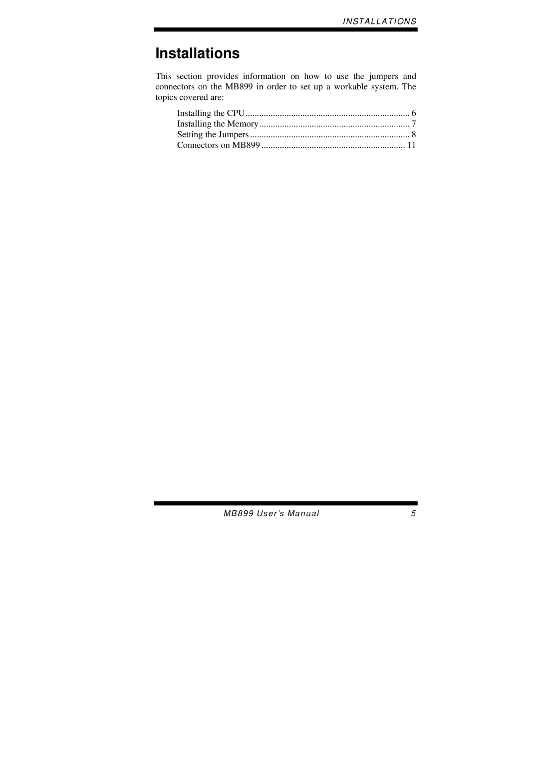 Intel MB899 user manual Installations 