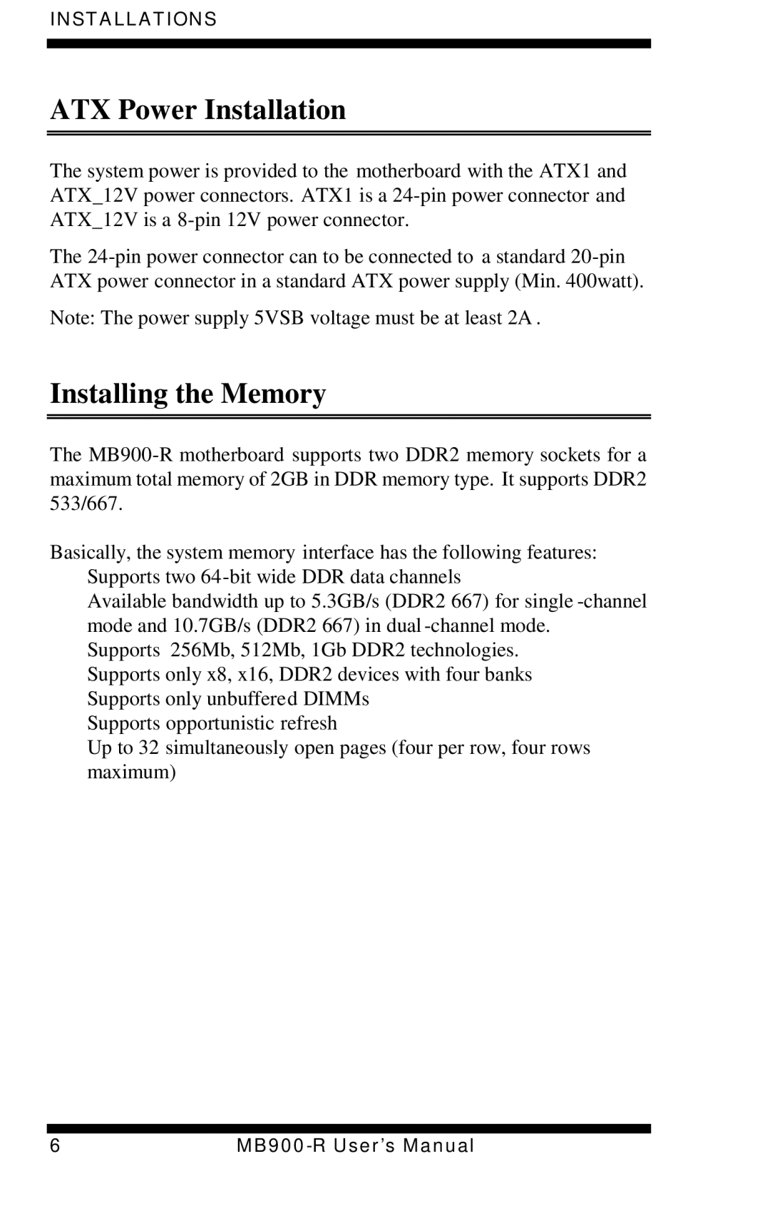 Intel MB900-R user manual ATX Power Installation, Installing the Memory 