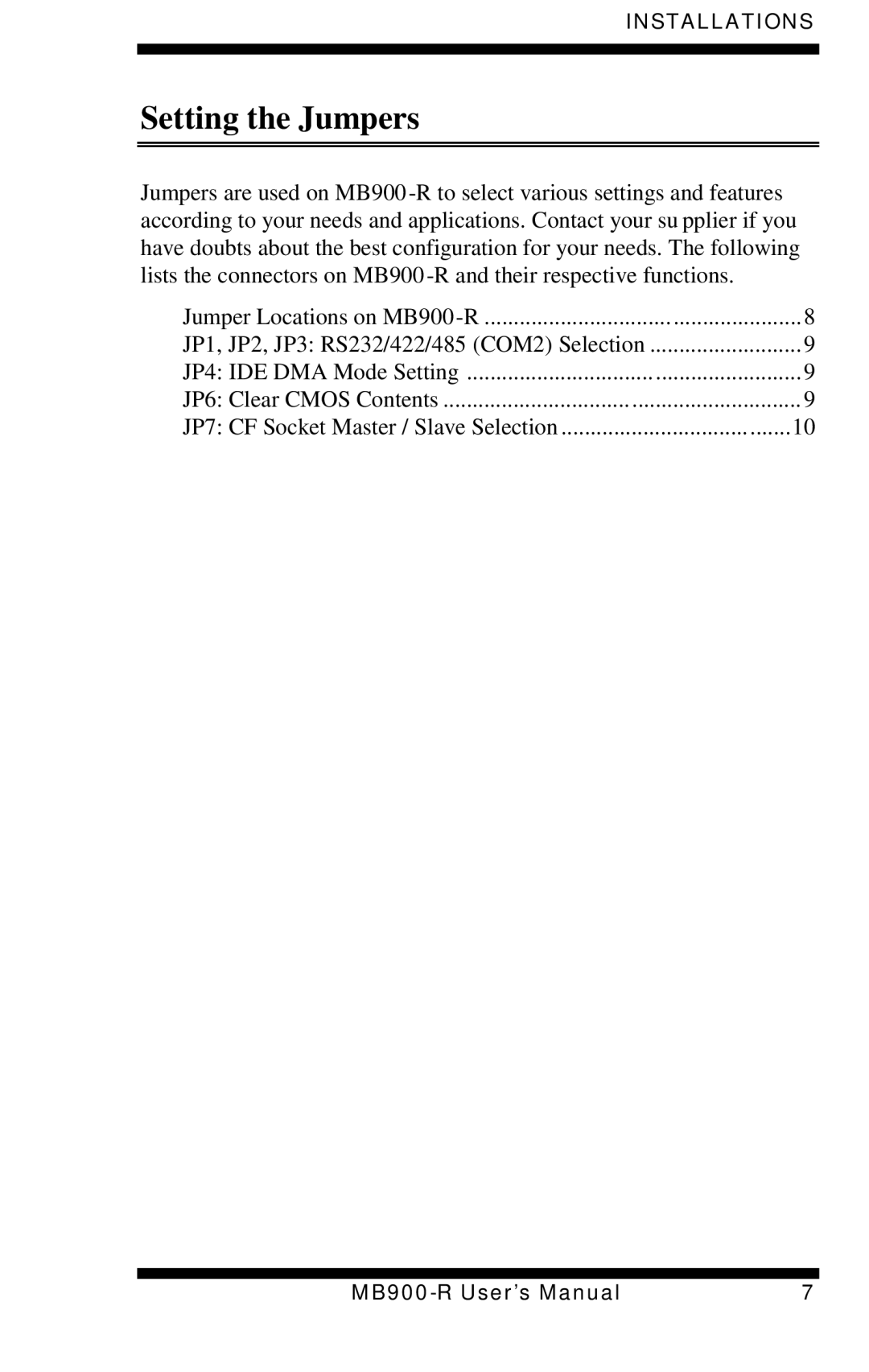 Intel MB900-R user manual Setting the Jumpers 