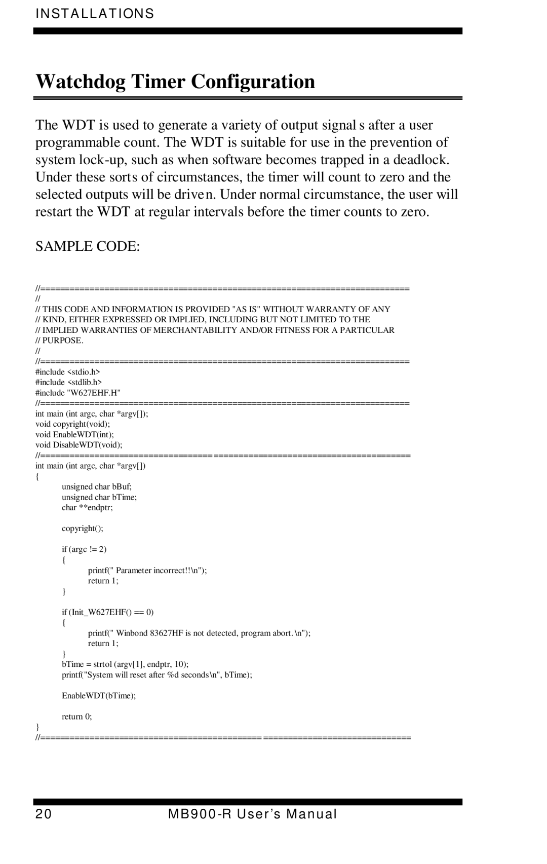 Intel MB900-R user manual Watchdog Timer Configuration, Sample Code 