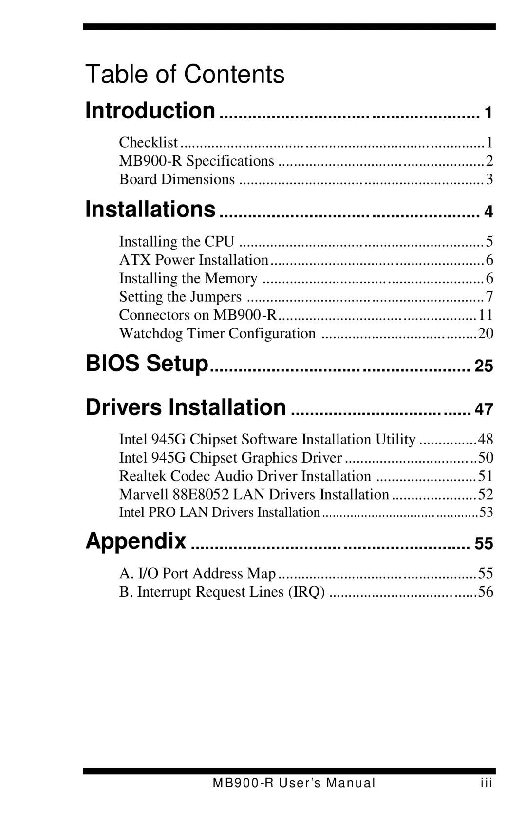 Intel MB900-R user manual Table of Contents 